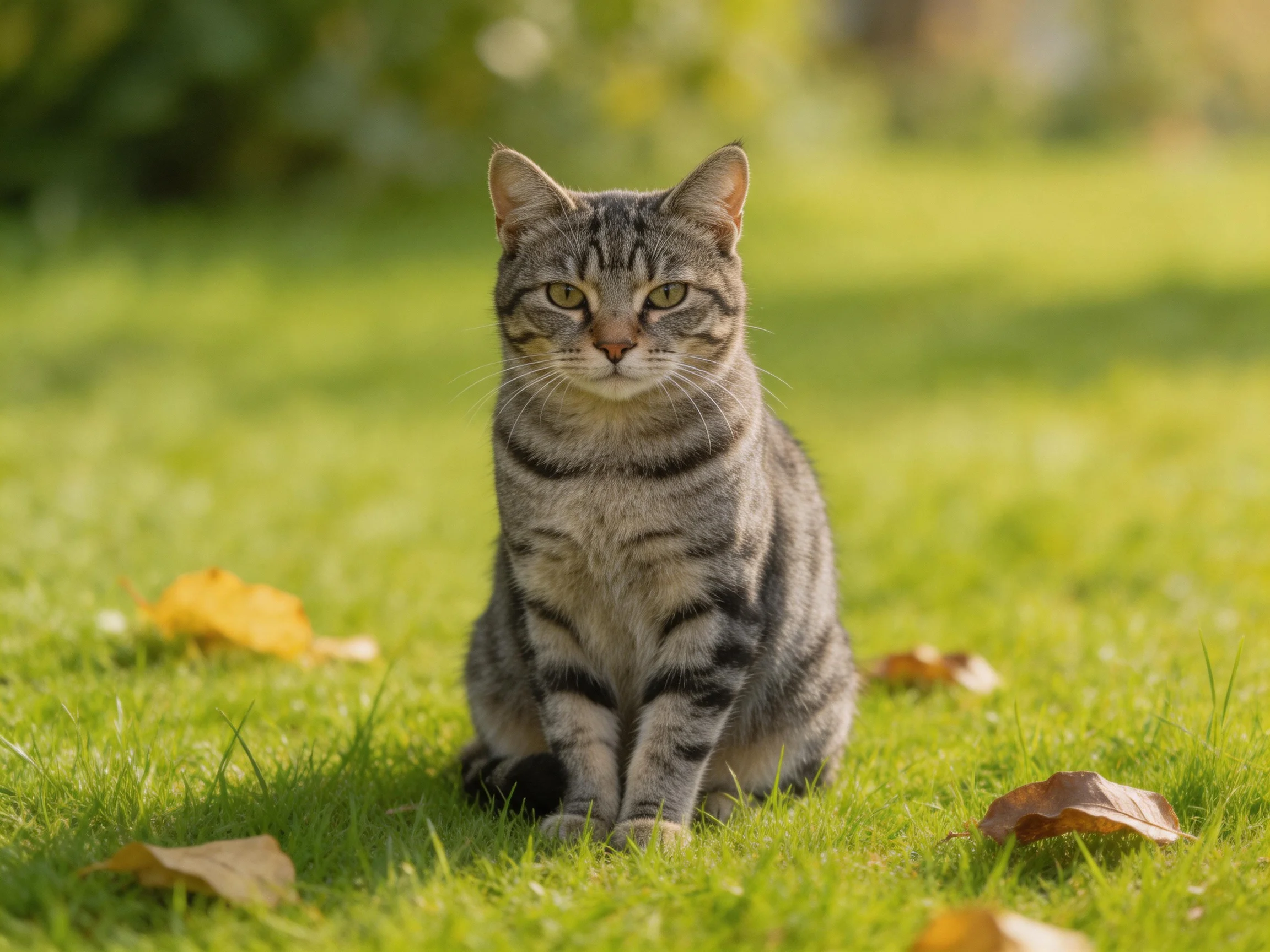 A gray tabby cat sits on green grass with fallen leaves.