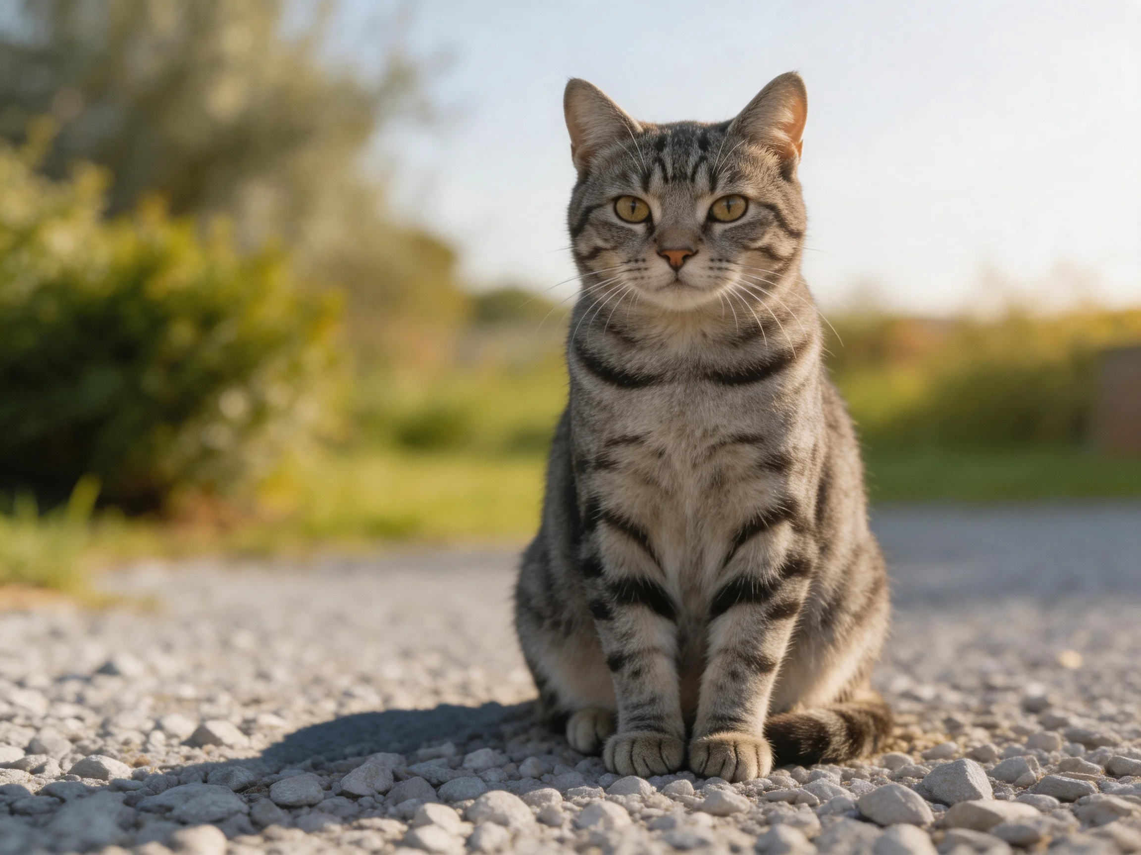 A gray tabby cat sitting on a gravel path outdoors