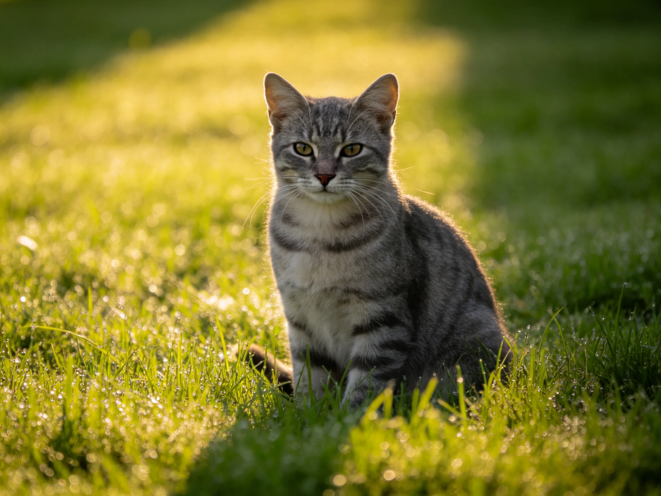 A gray tabby cat sits on sunlit green grass in a peaceful outdoor space.