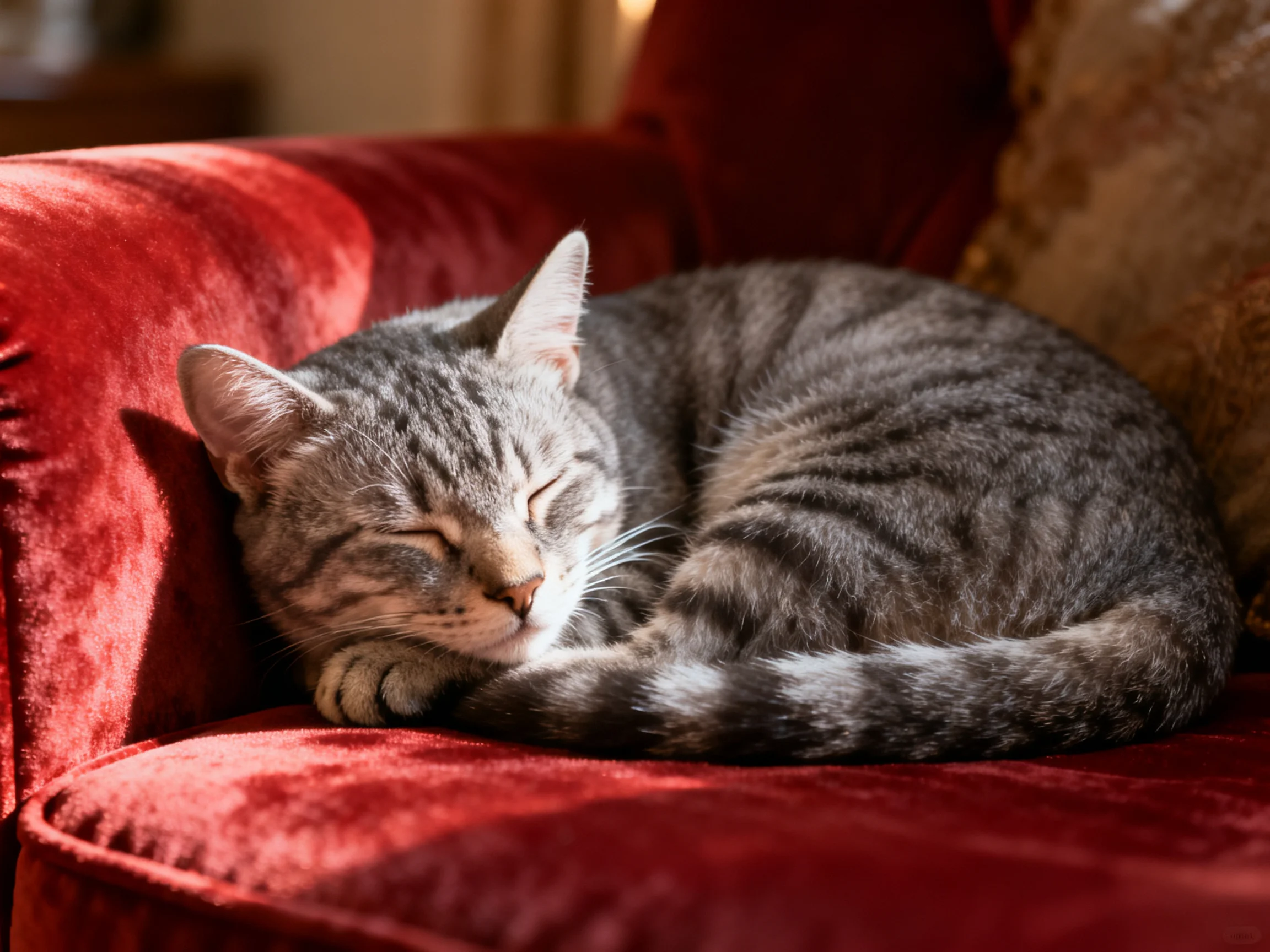 A gray tabby cat sleeps curled on a plush red velvet chair