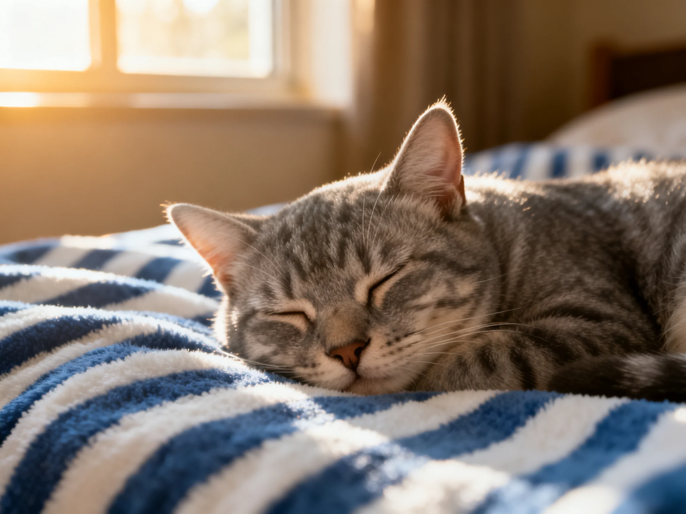 A gray tabby cat sleeps on a blue-and-white striped blanket near a sunlit window