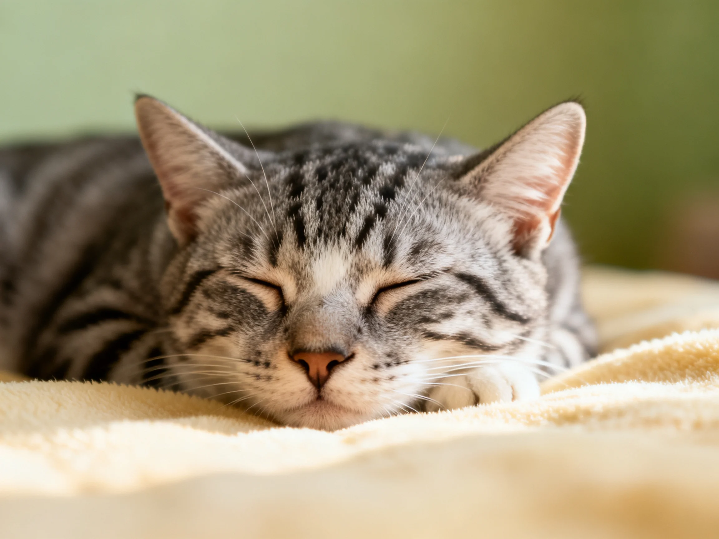A gray tabby cat rests on a soft yellow blanket