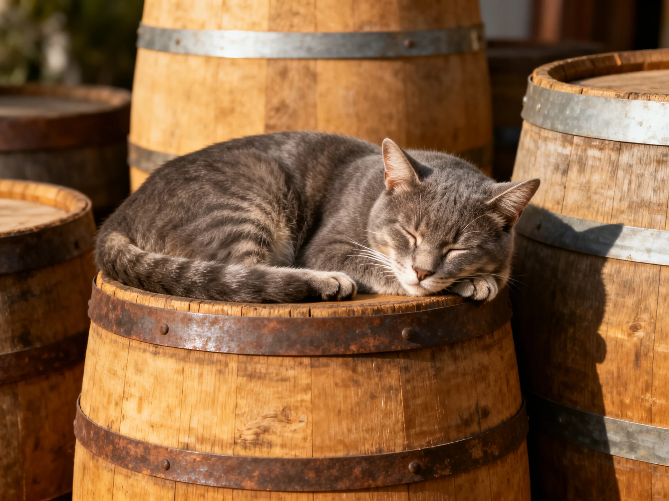 A gray tabby cat sleeps on aged wooden barrels