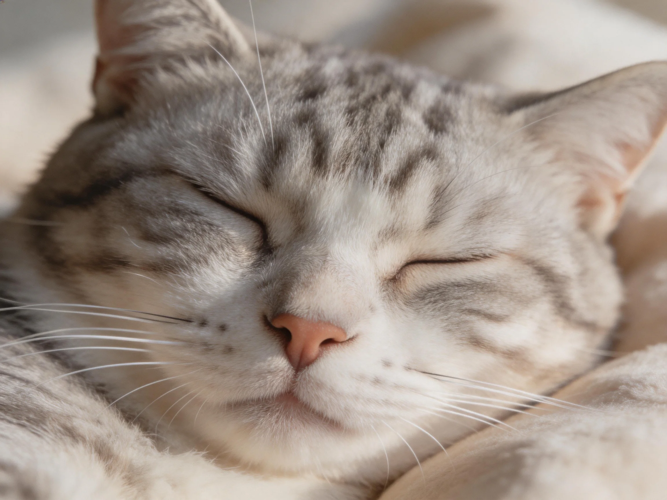 A gray tabby cat sleeps peacefully on soft bedding