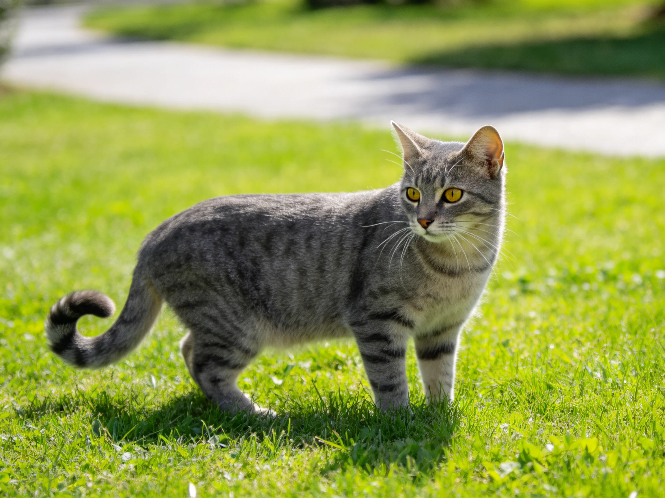 A gray tabby cat stands alert on vibrant green grass
