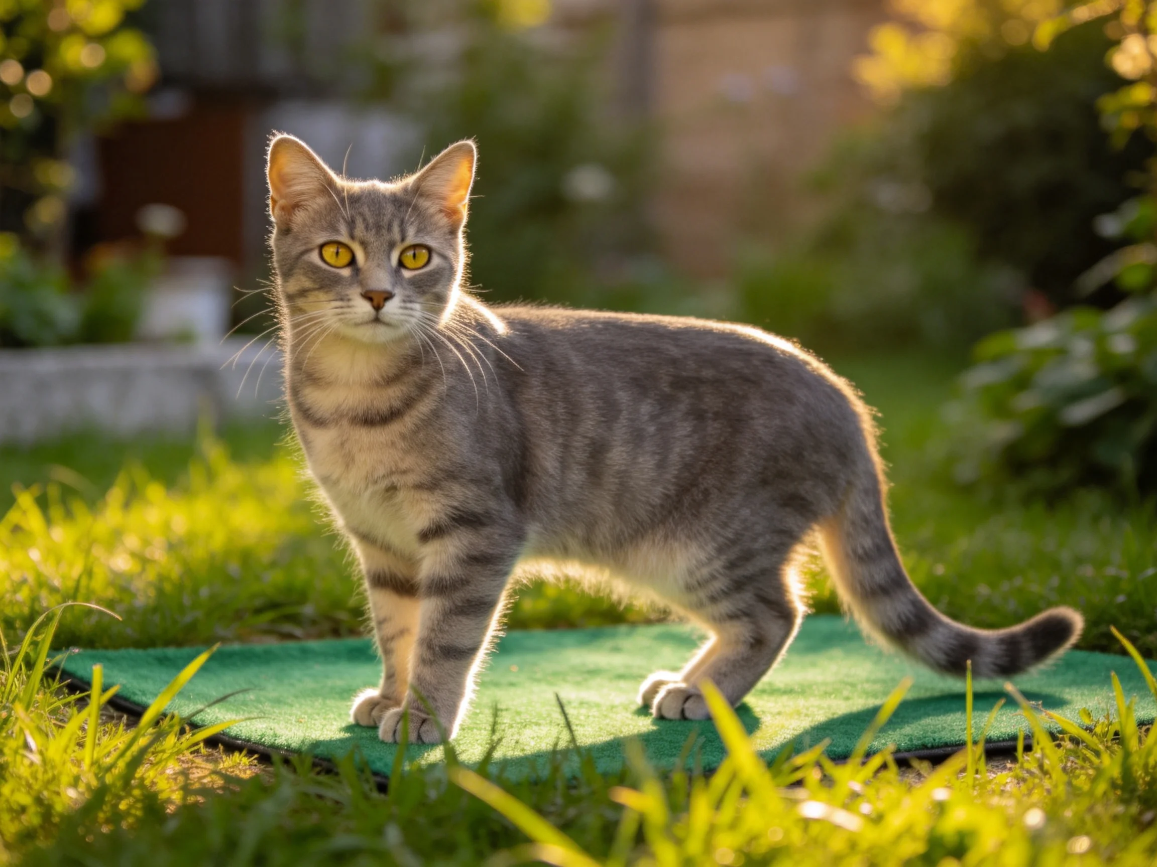 A gray tabby cat stands on a green mat in a sunlit garden