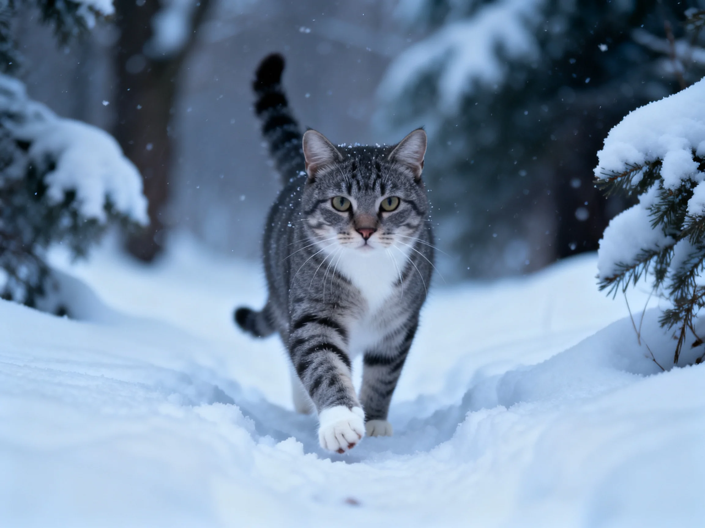 A gray tabby cat walks through deep snow in a wintry forest.