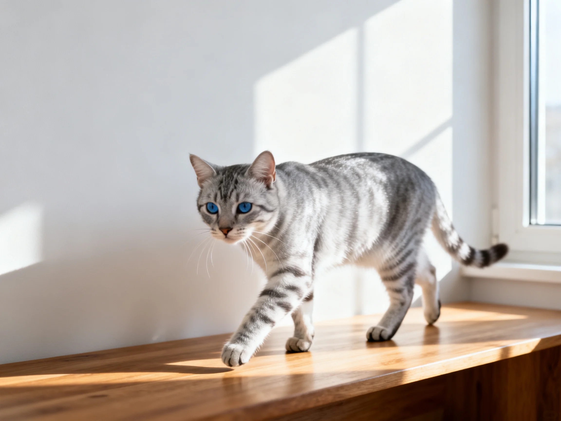 A gray tabby cat walks on a polished wooden windowsill near a sunlit window
