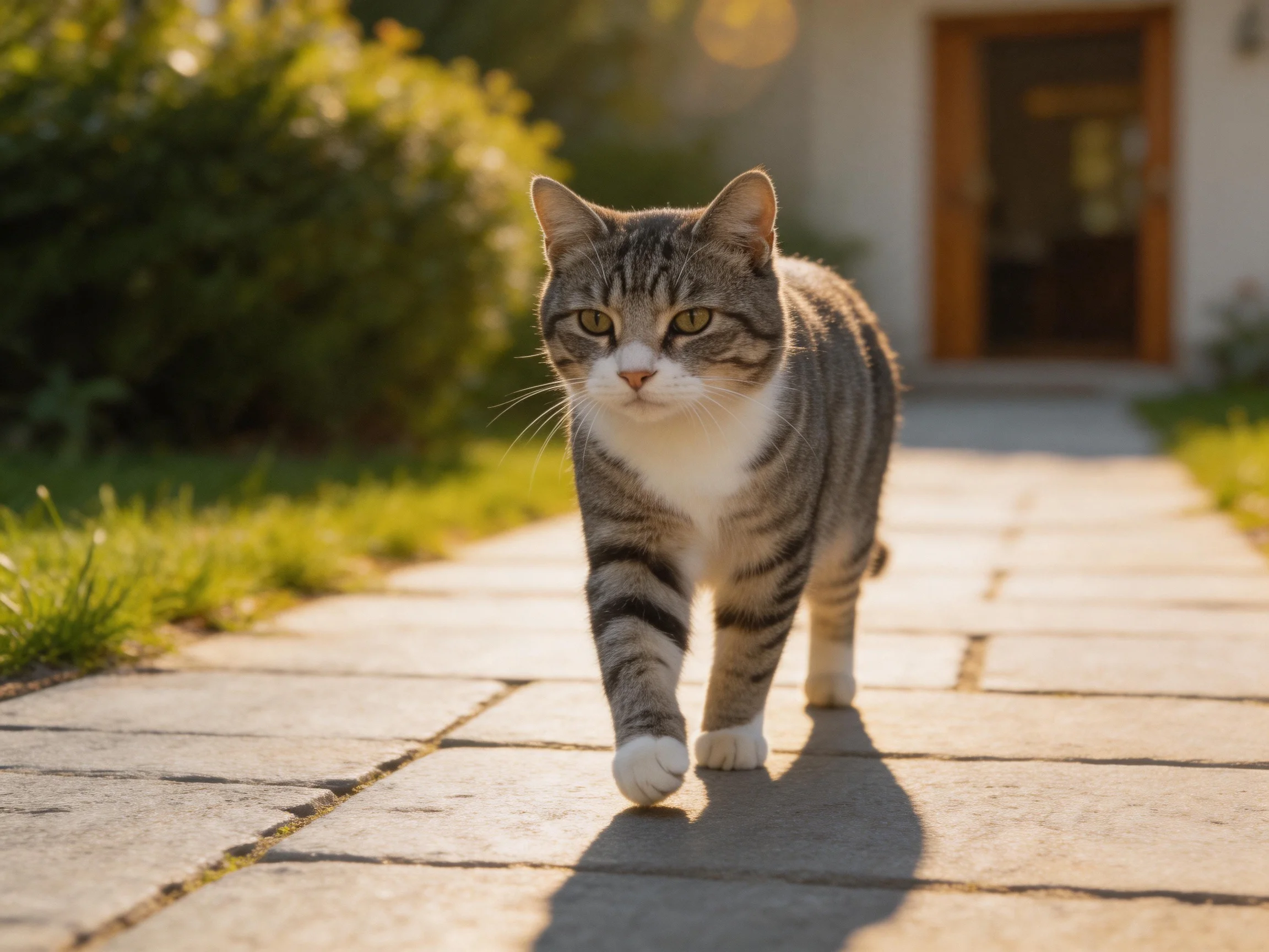 A gray tabby cat walks on a stone pathway near a house