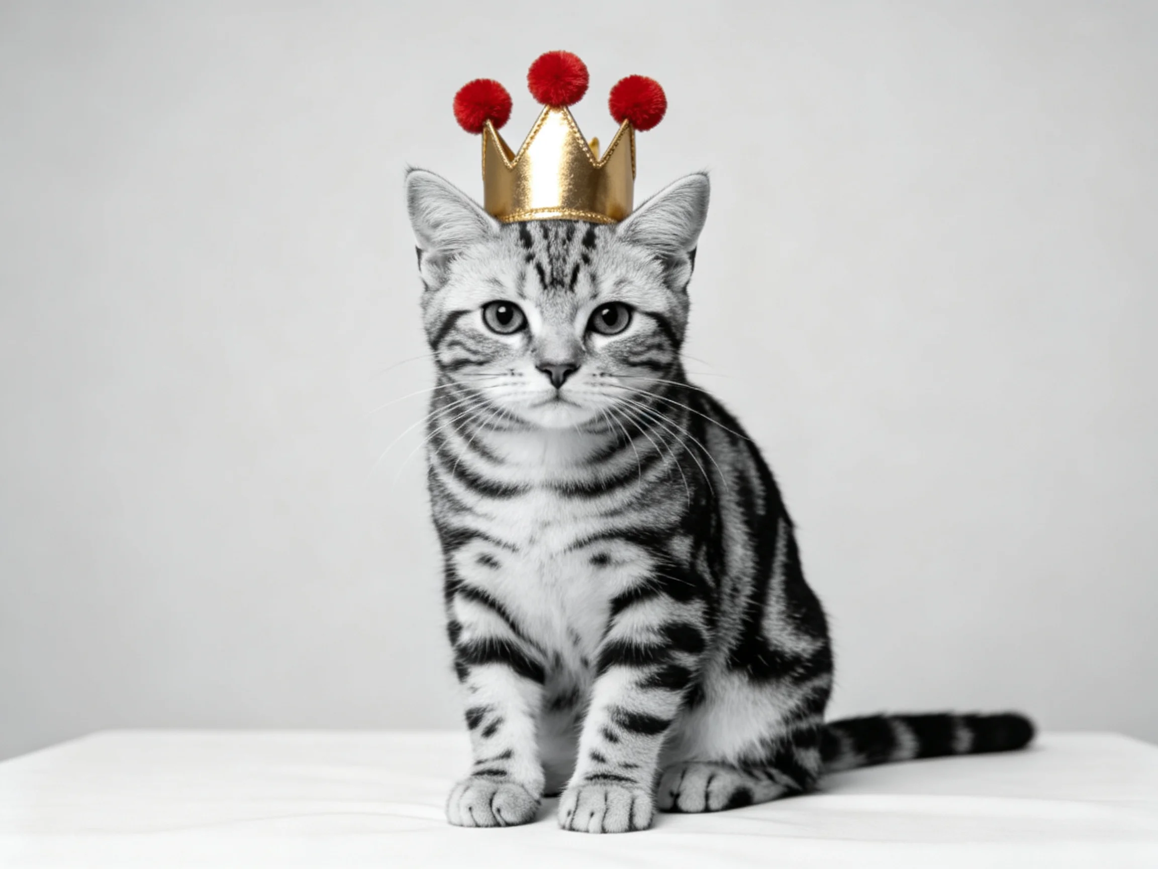 A gray tabby cat sits calmly while wearing a golden crown with red pom-poms