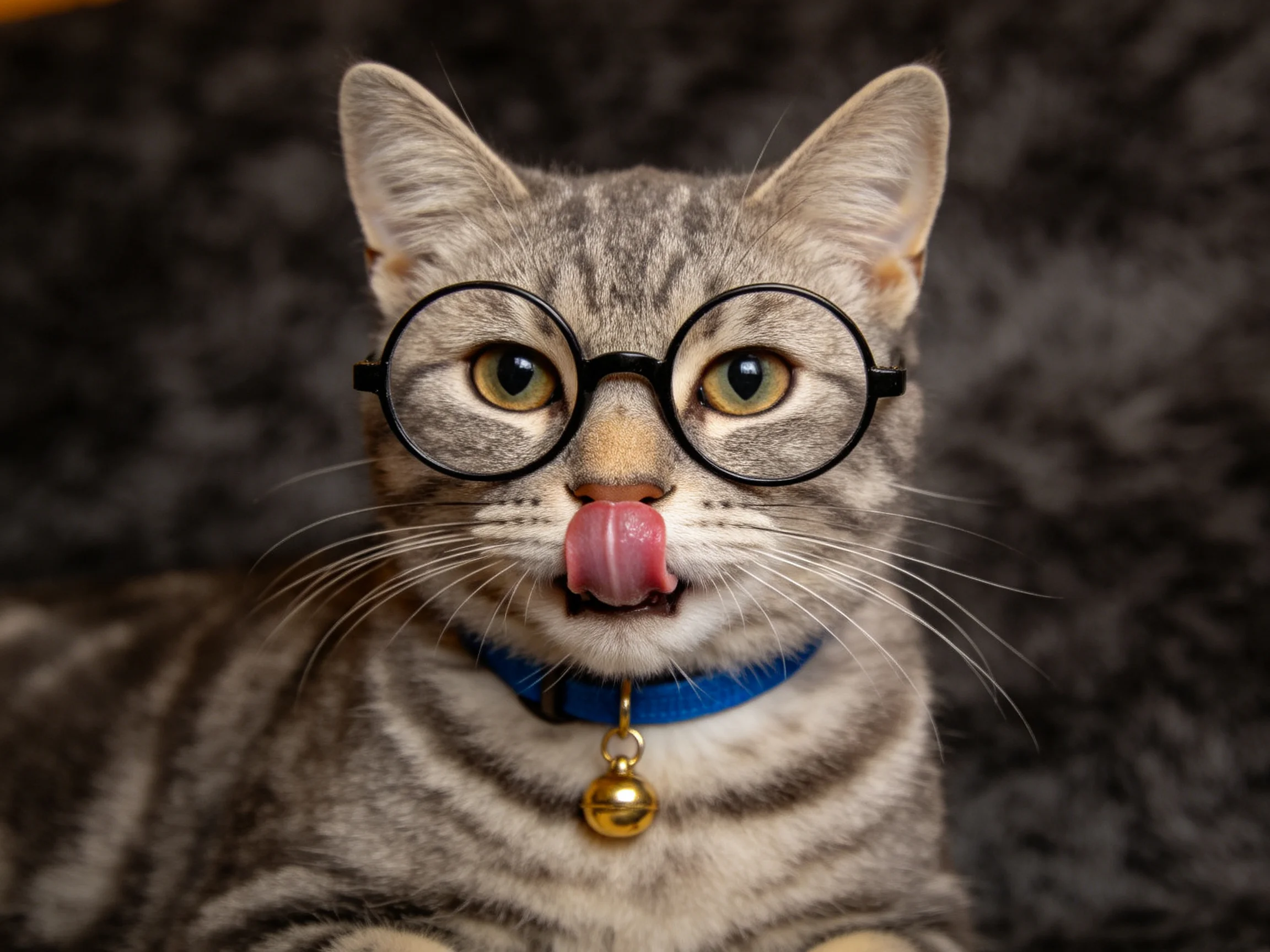 A gray tabby cat wearing round black glasses and a blue collar