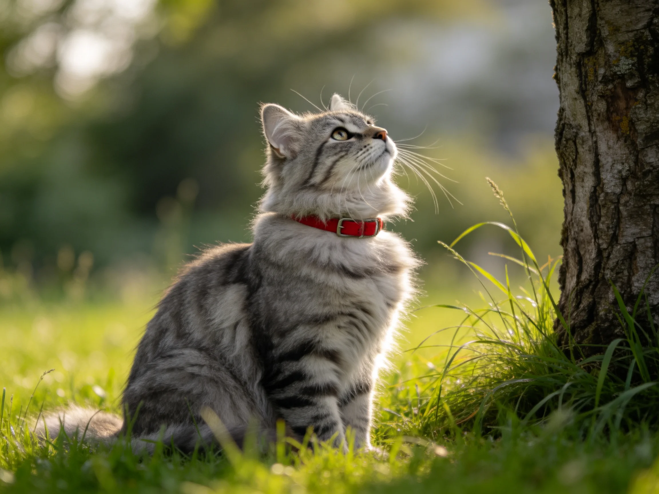 A gray tabby cat with a red collar sits near a tree in a sunlit grassy area.