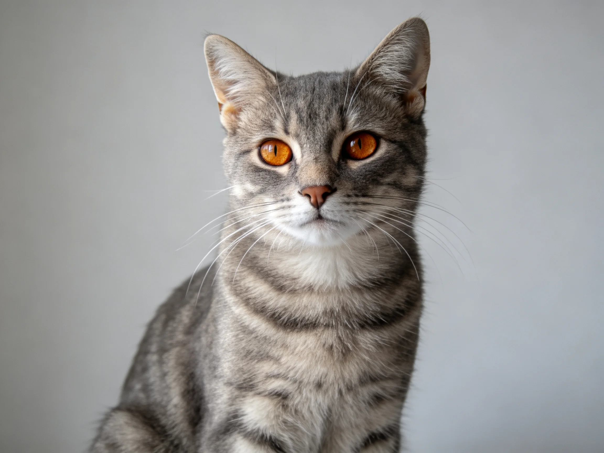 A gray tabby cat with amber eyes sits against a plain backdrop