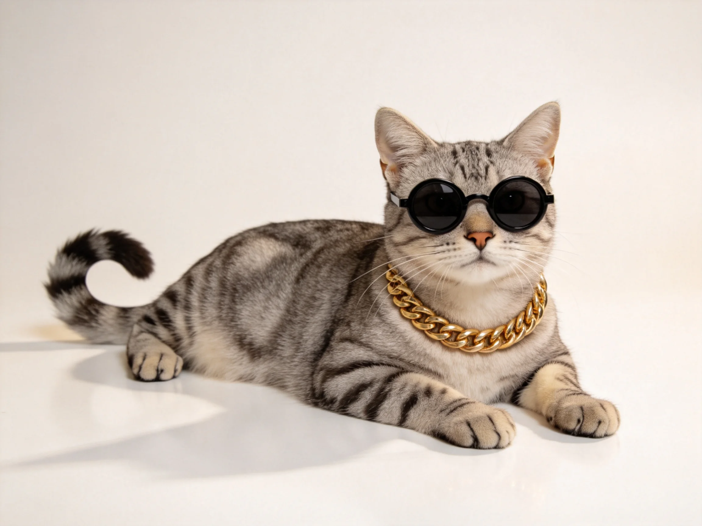 A gray tabby cat with black sunglasses and a gold chain