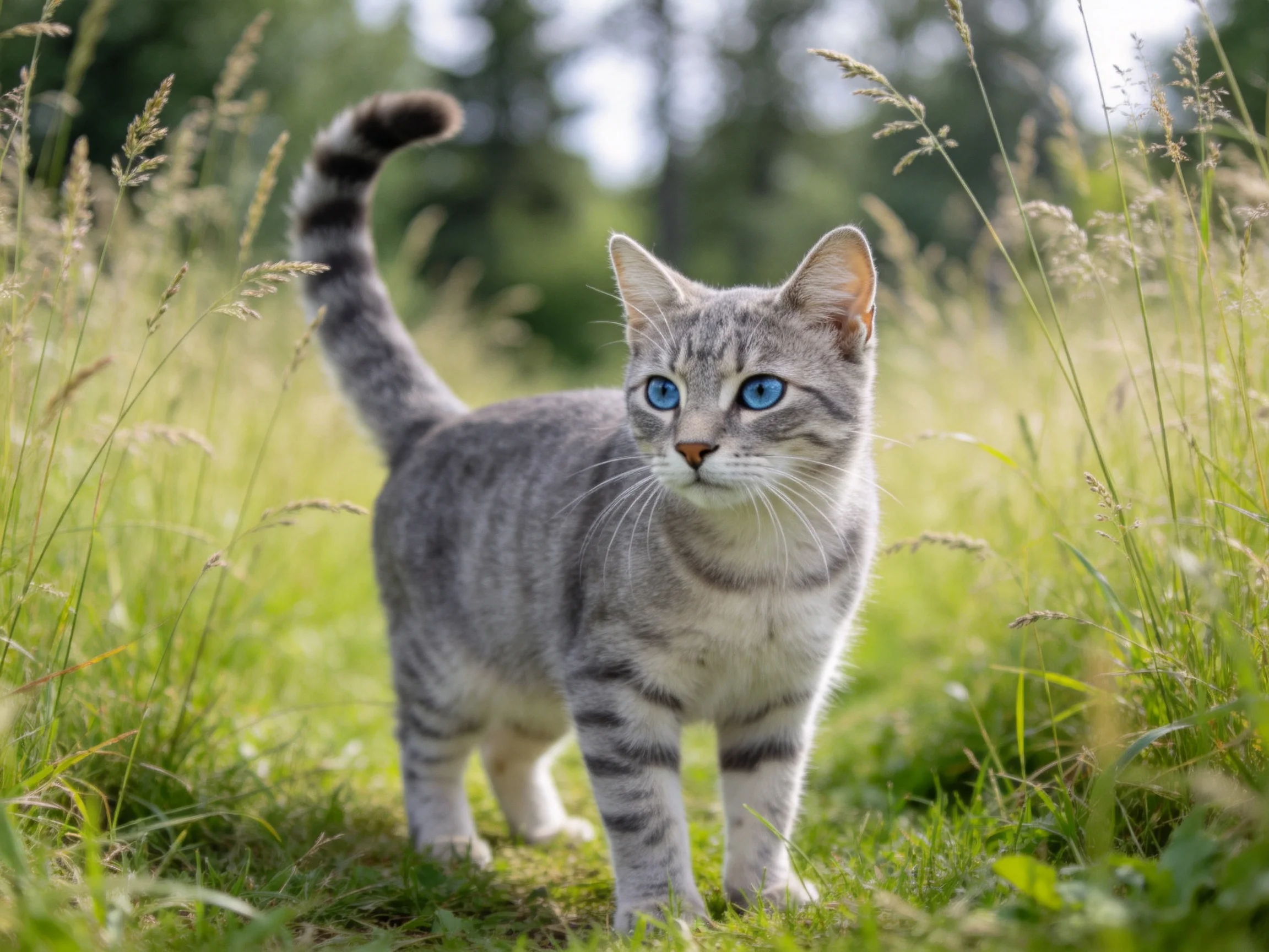 A gray tabby cat with blue eyes roams through tall green grass.