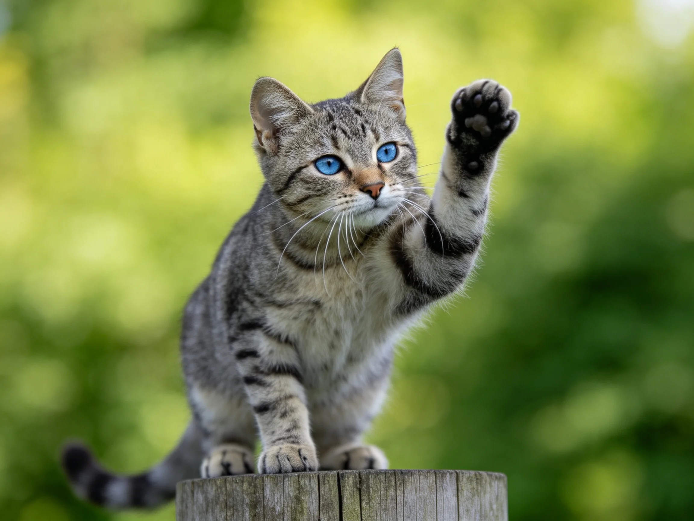 A gray tabby cat raises its paw on a wooden post in an outdoor setting