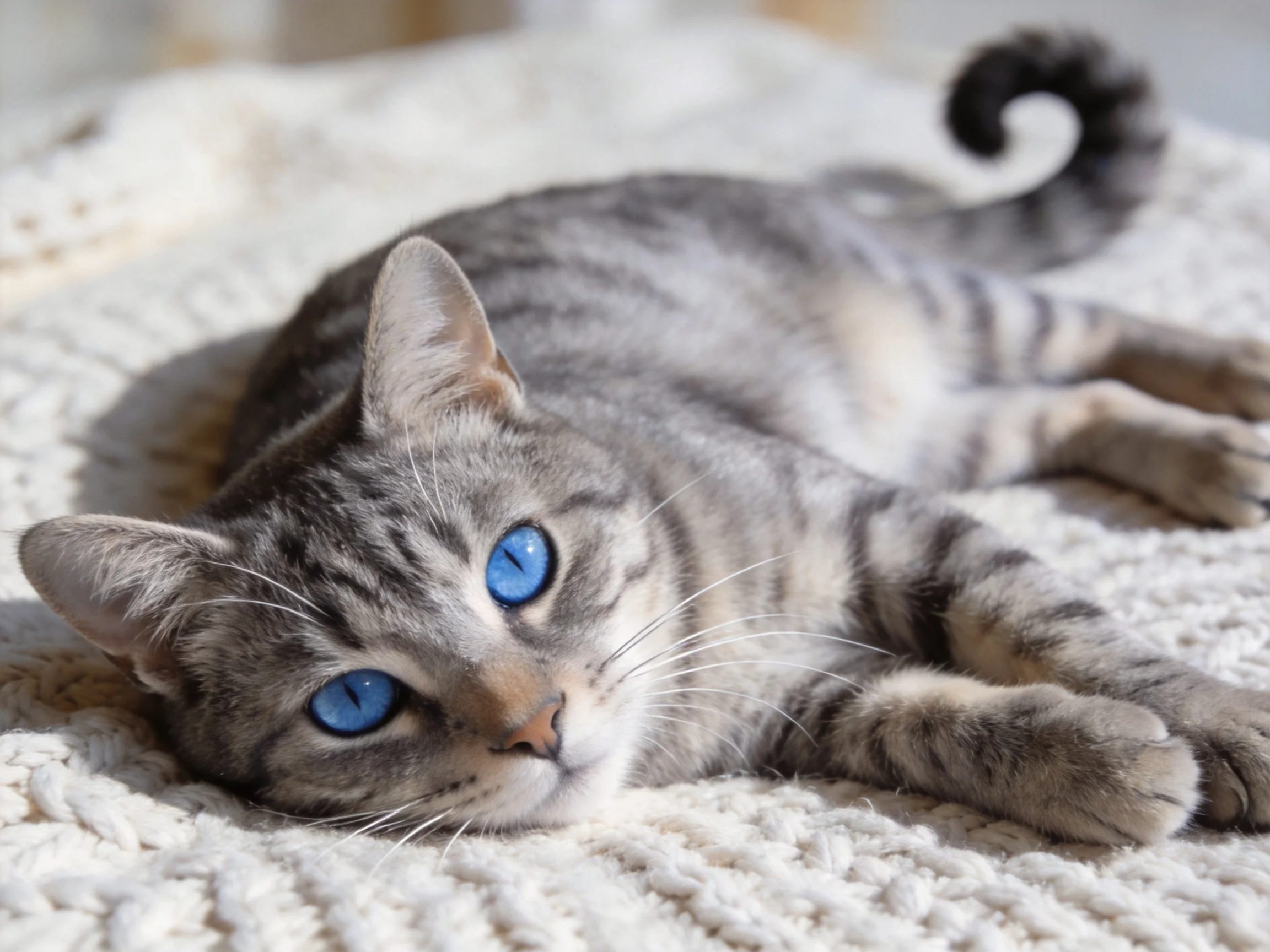 A gray tabby cat with blue eyes relaxes on a cream blanket.