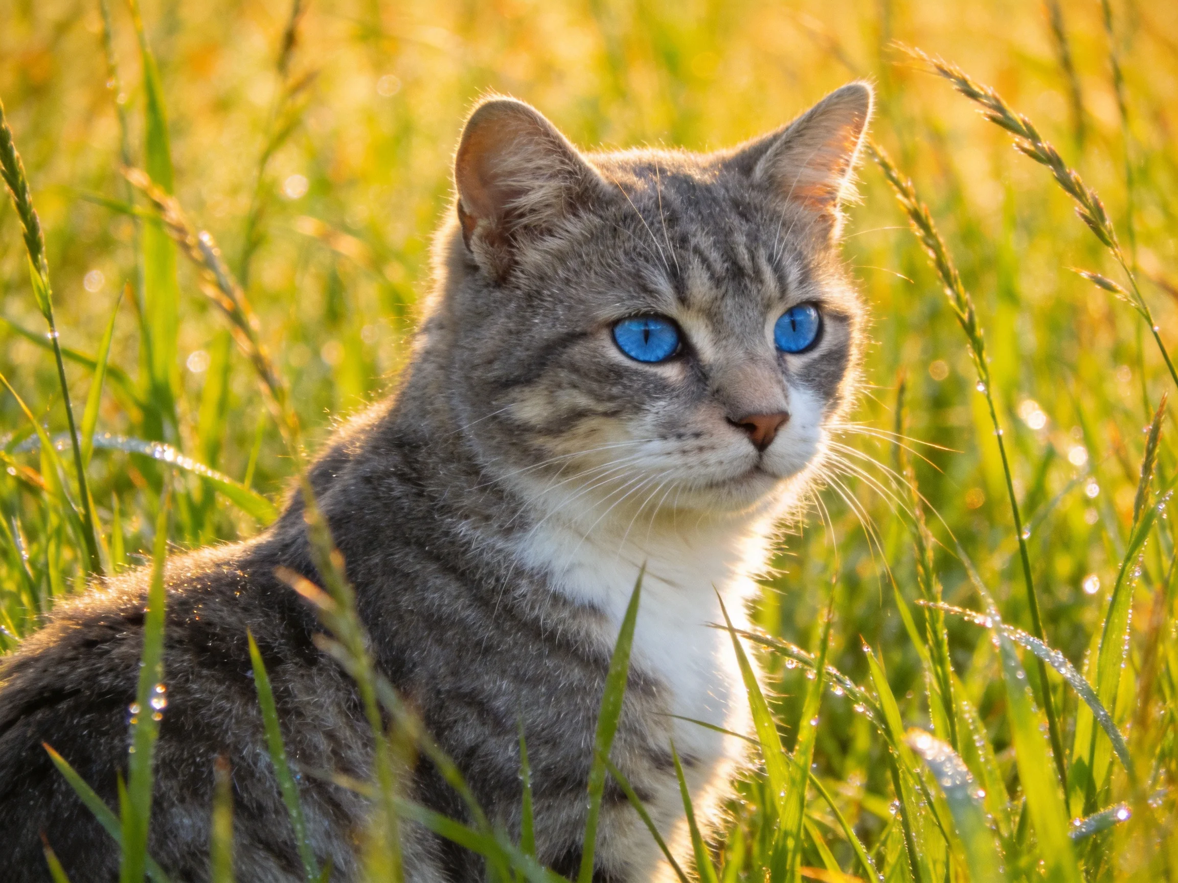 A gray tabby cat withblue eyes rests in sunlit golden-green grass.