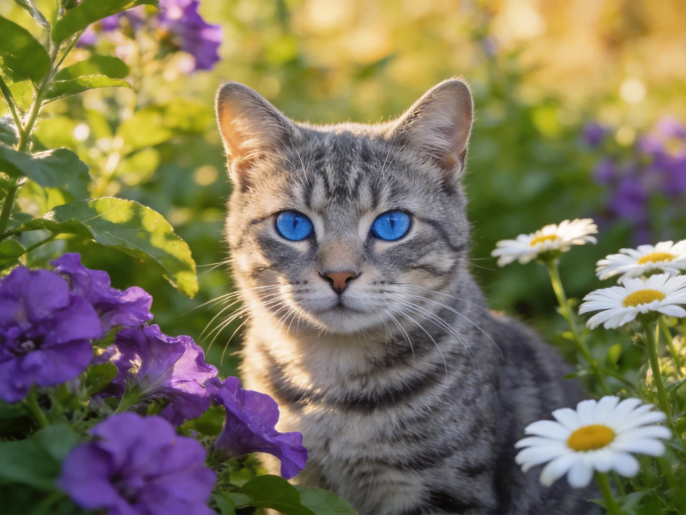 A gray tabby cat with bright blue eyes amid purple and white flowers