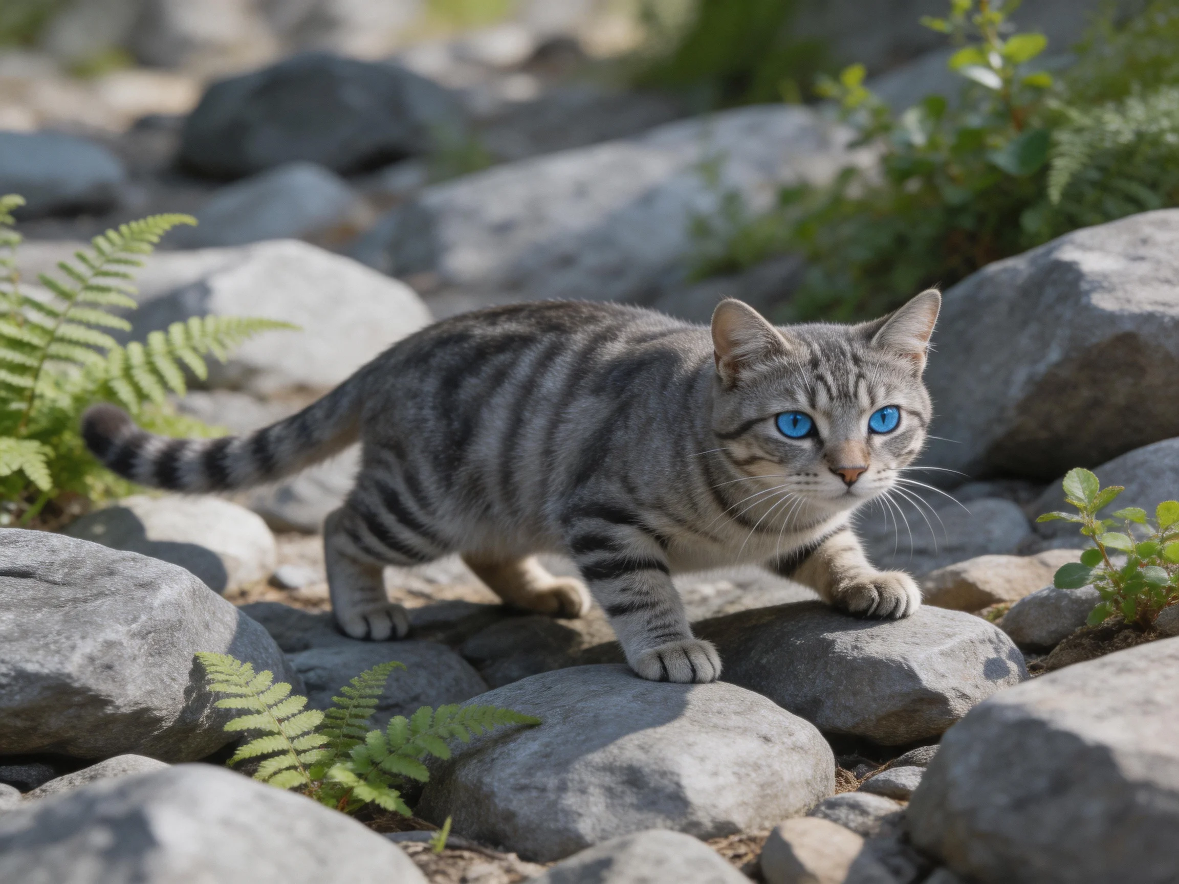 A gray tabby cat with blue eyes walks carefully over smooth rocks near plants