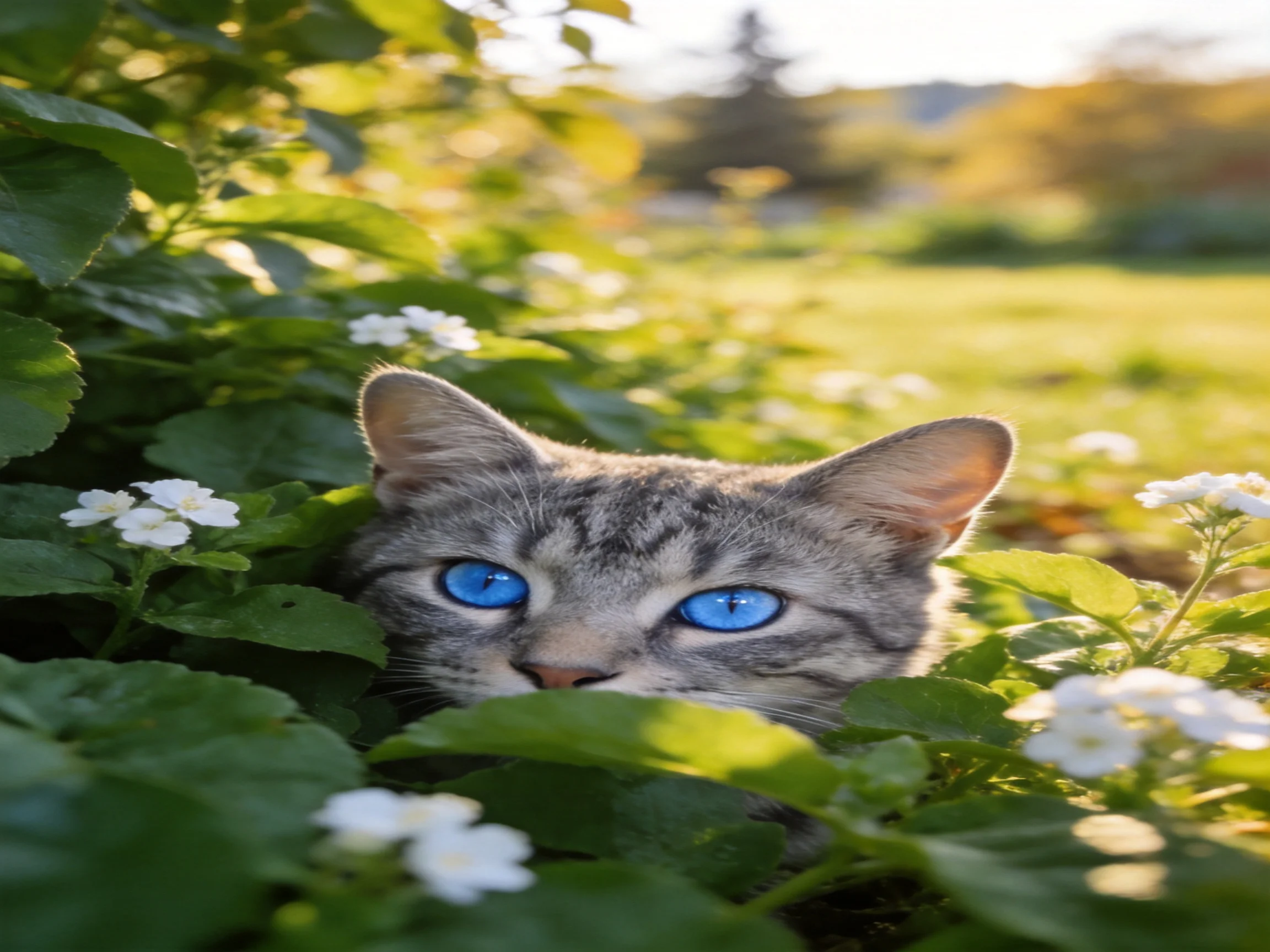 A gray tabby cat with vivid blue eyes peeks from behind dense greenery and white flowers.