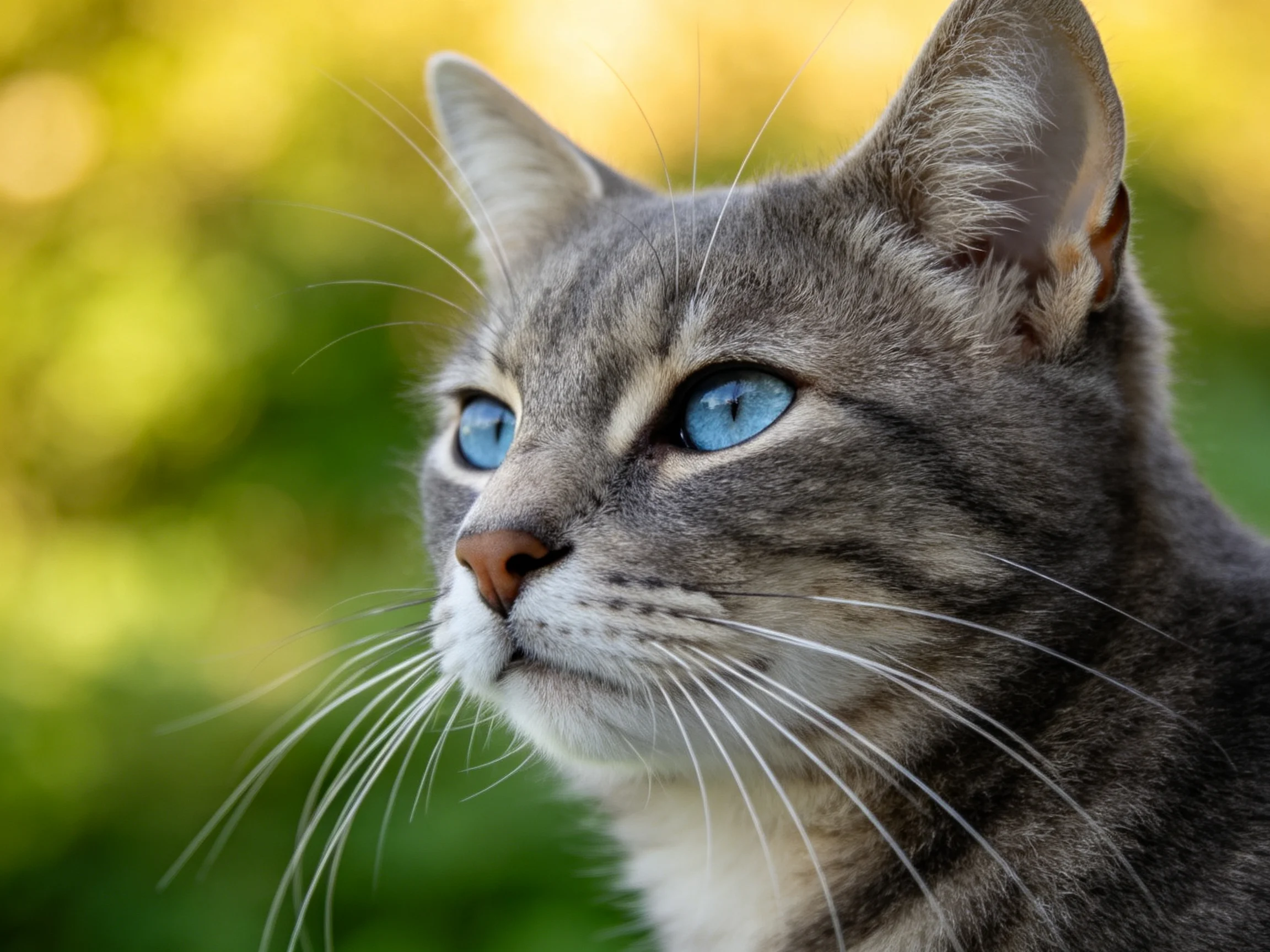 A gray tabby cat with bright blue eyes in a sun-dappled outdoor scene