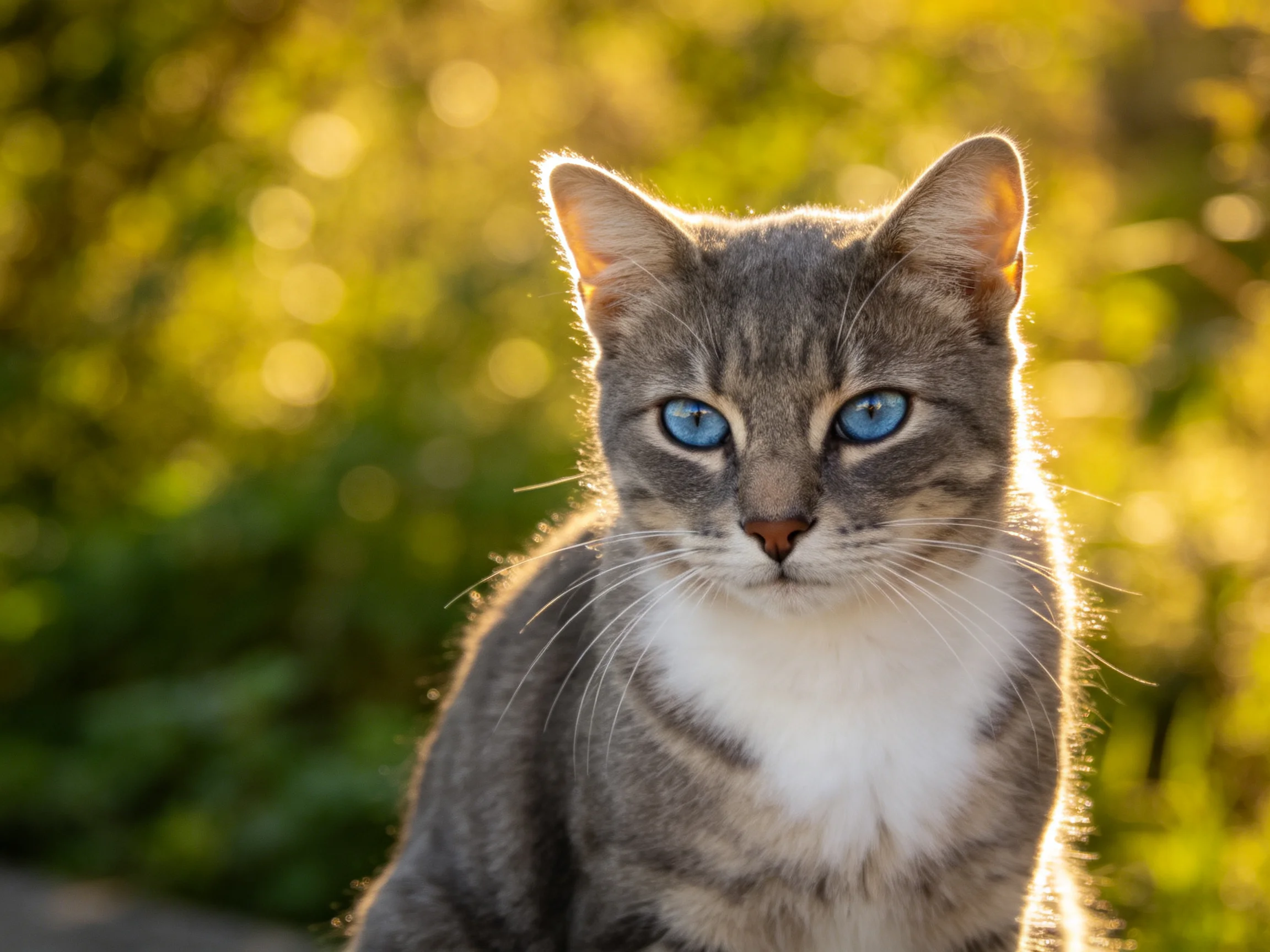 A gray tabby cat with blue eyes is photographed outdoors.