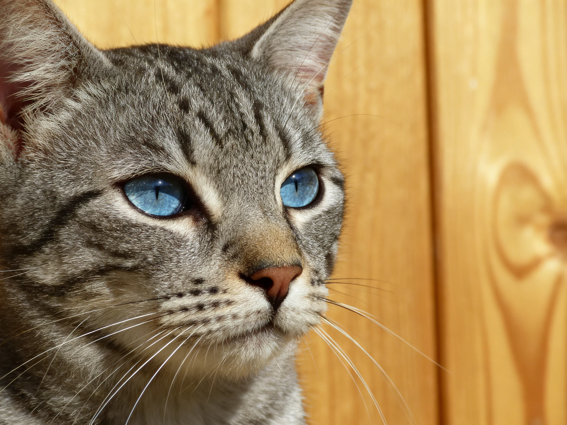 A gray tabby cat with vivid blue eyes is positioned next to a wooden panel wall.