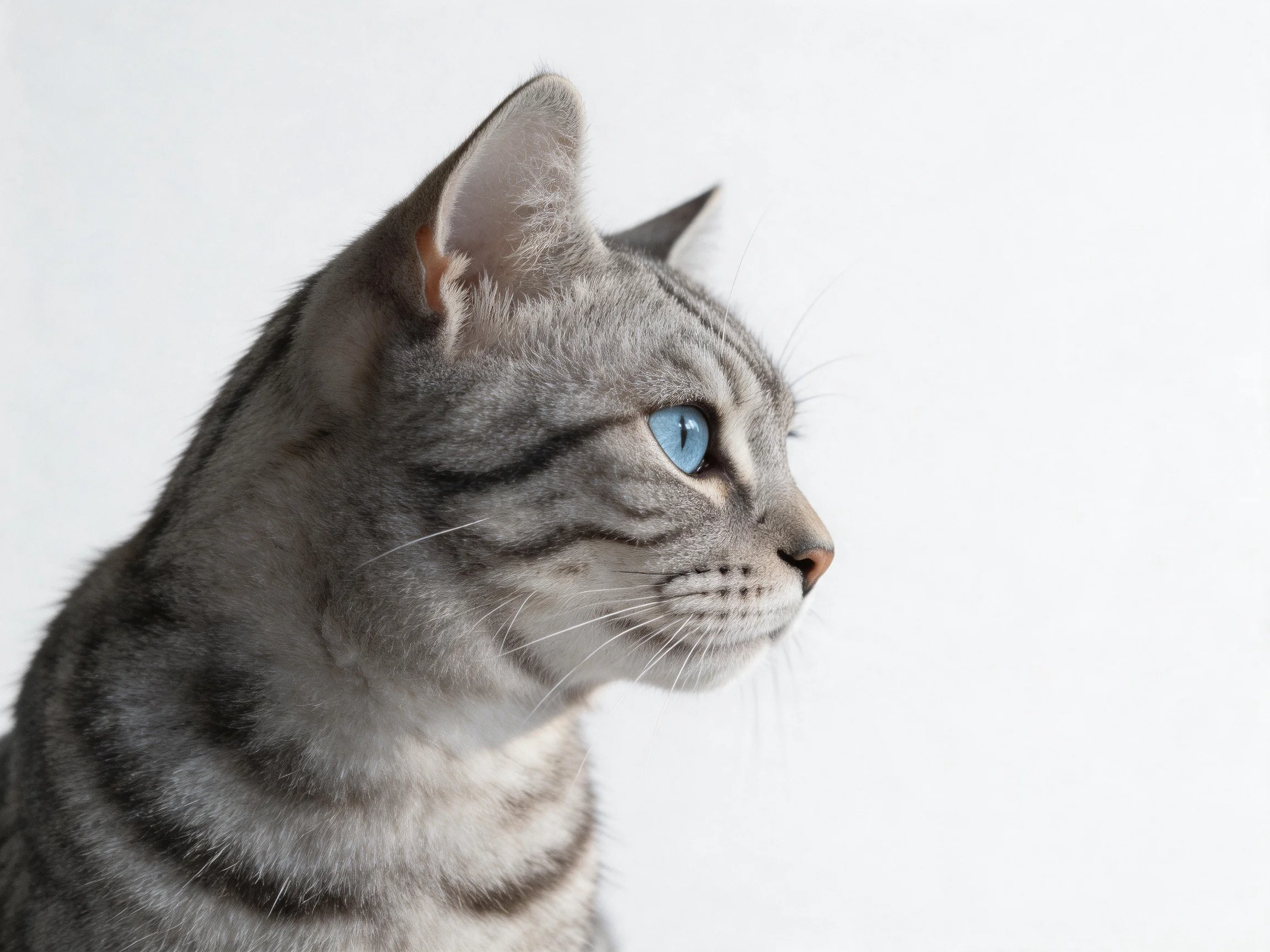 A gray tabby cat with blue eyes is positioned against a white background.