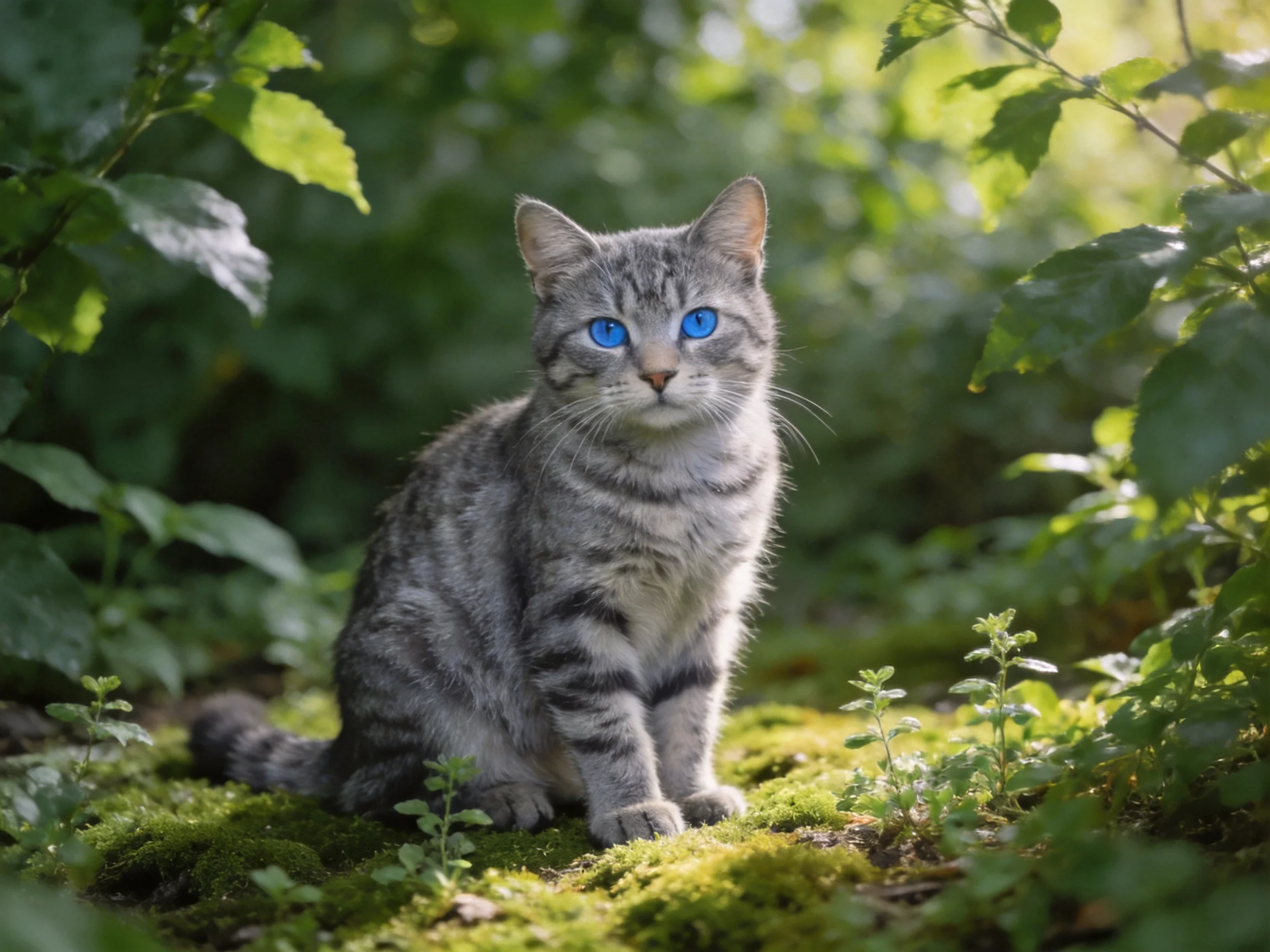 A gray tabby cat with bright blue eyes sits amid lush greenery on moss
