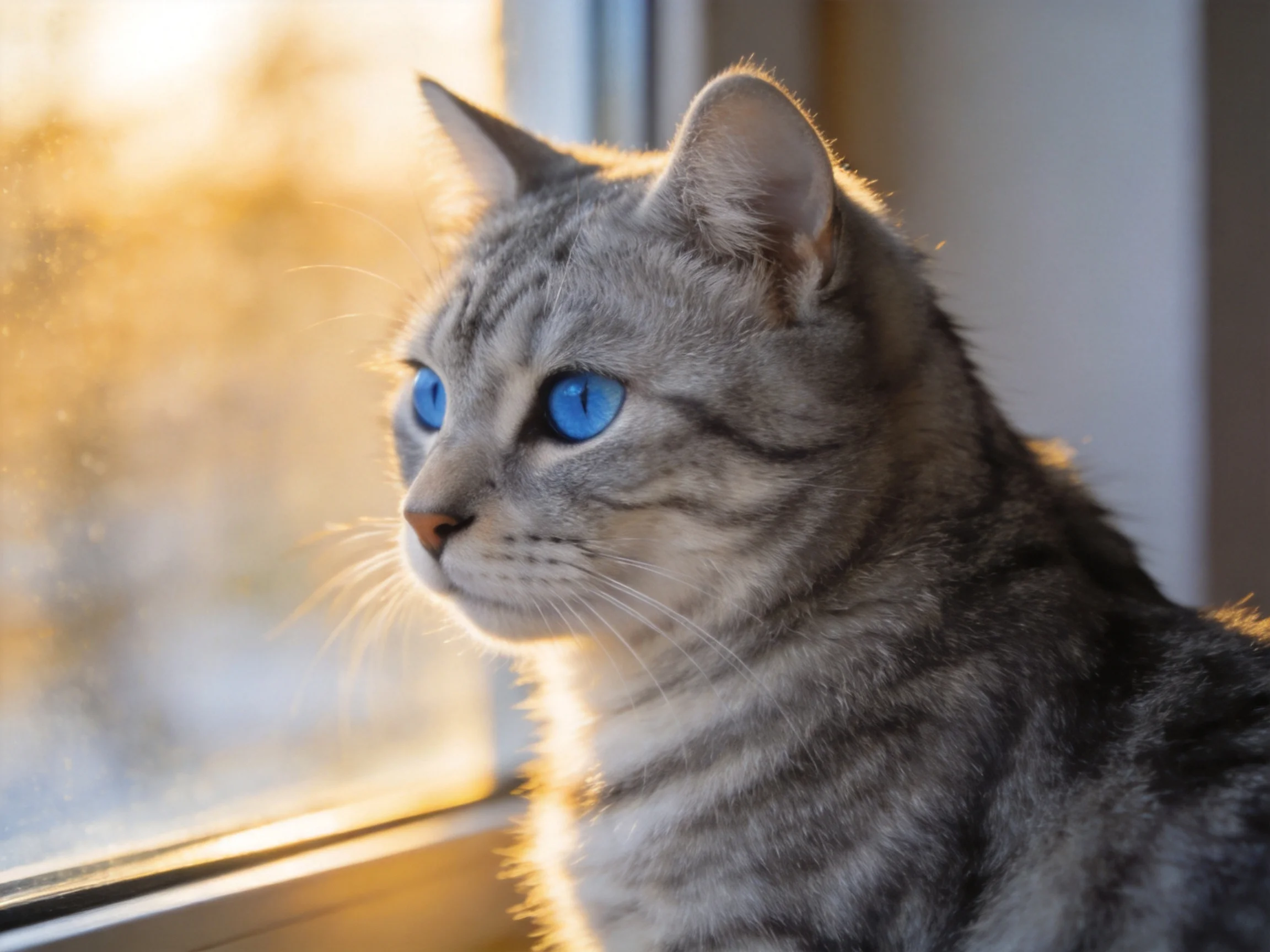 A gray tabby cat with bright blue eyes sits by a sunlit window