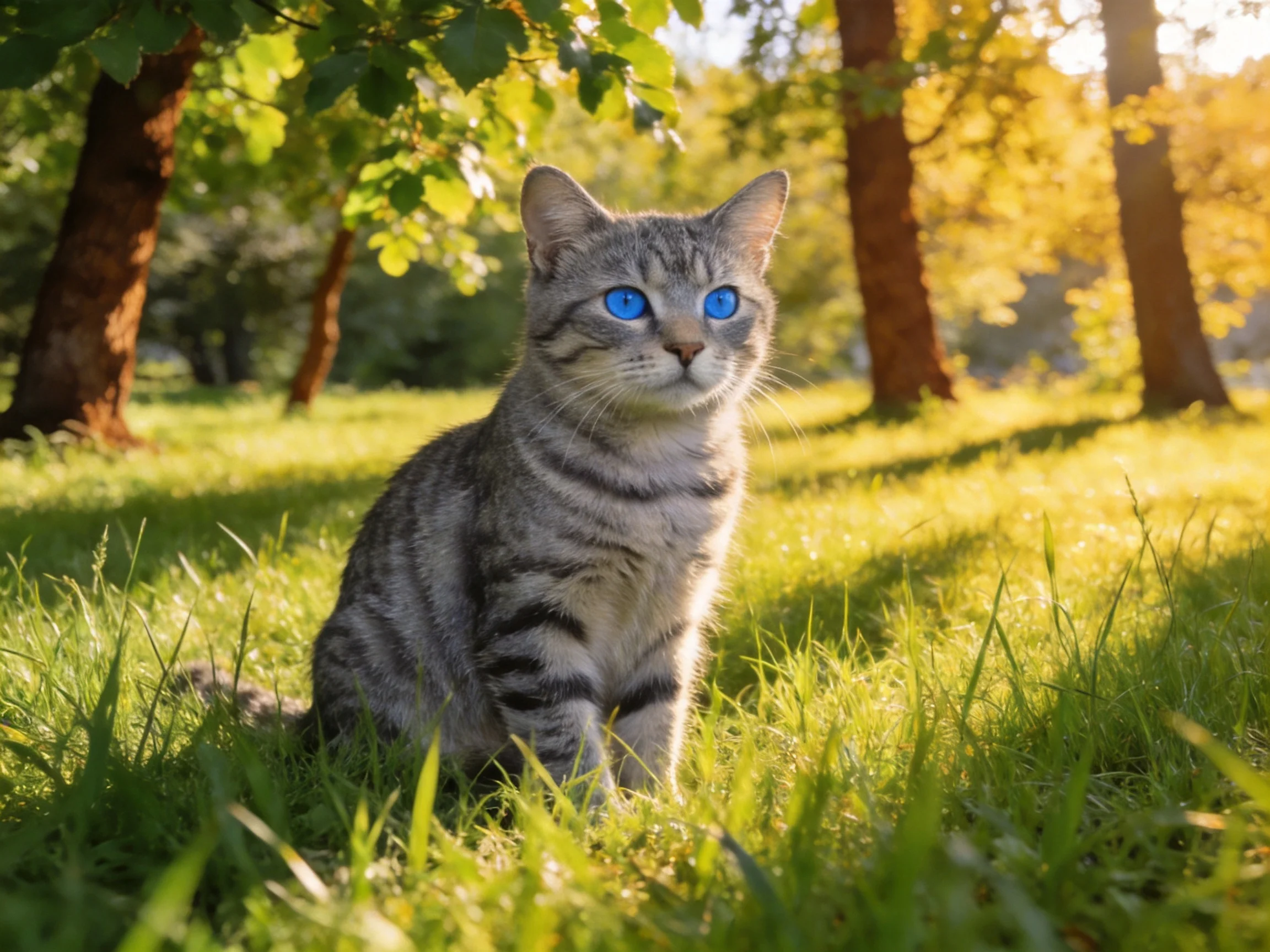 A gray tabby cat with bright blue eyes sits in sunlit grass near trees