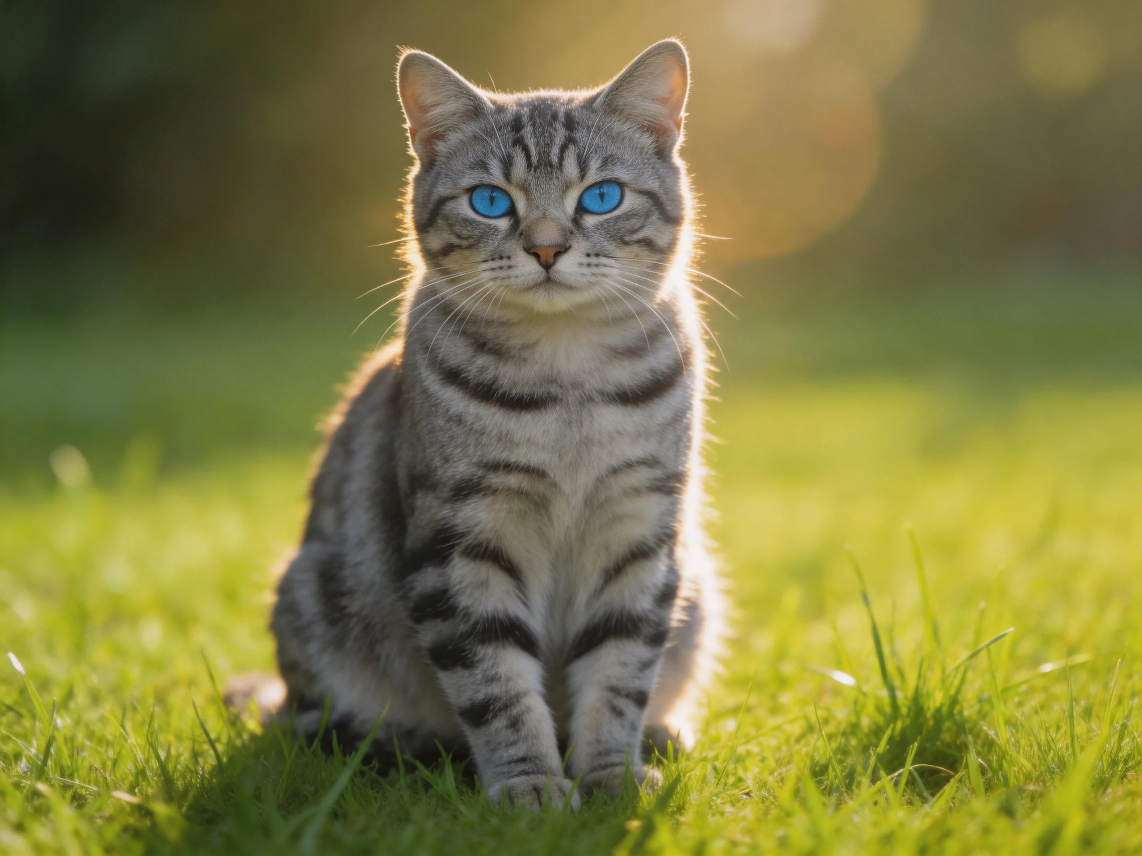 A gray tabby cat with blue eyes sits calmly on green grass in a sunlit area.
