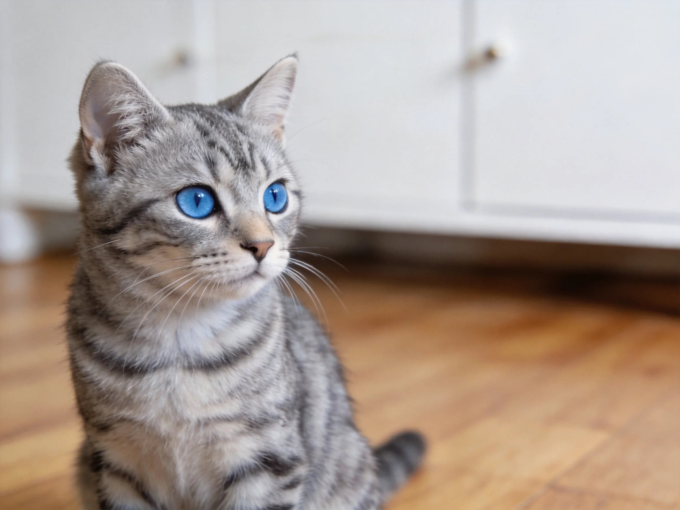 A gray tabby cat with bright blue eyes sits on wooden flooring