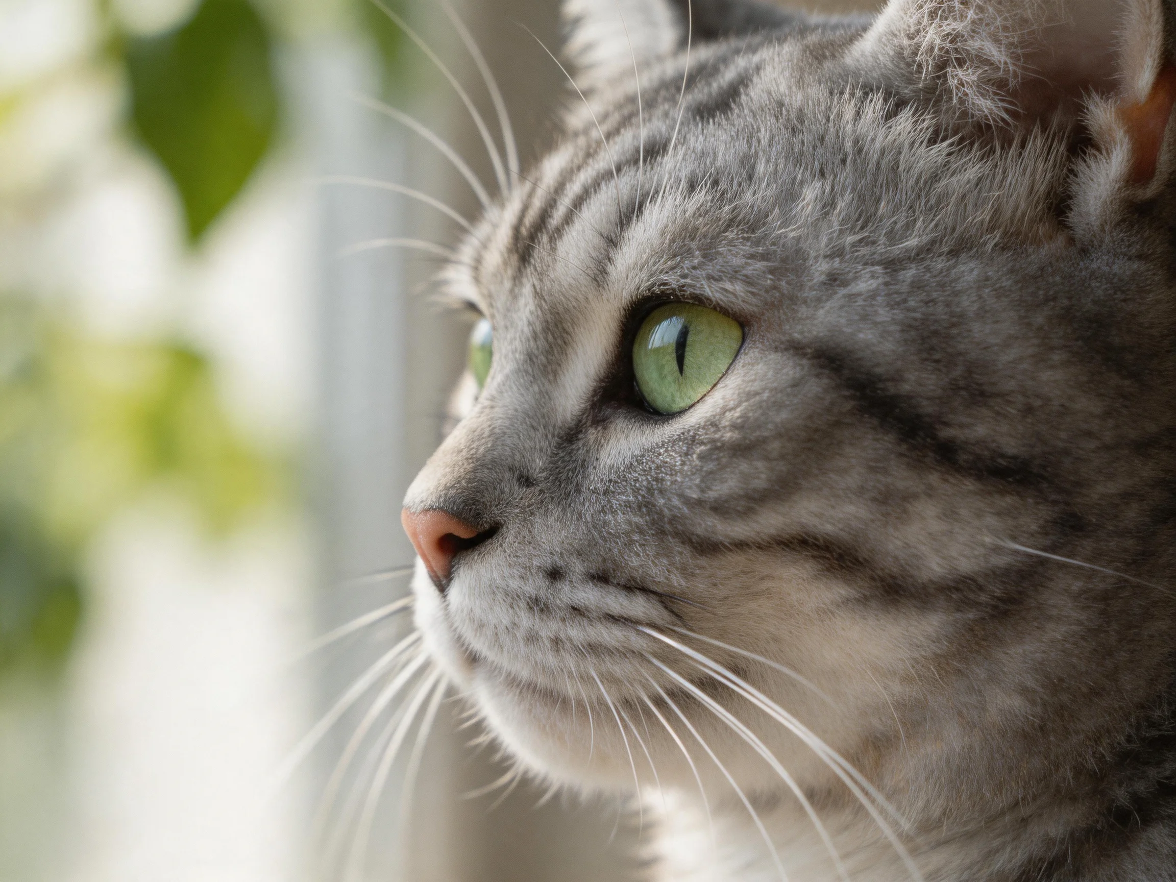 A gray tabby cat with green eyes observes its surroundings in soft light.