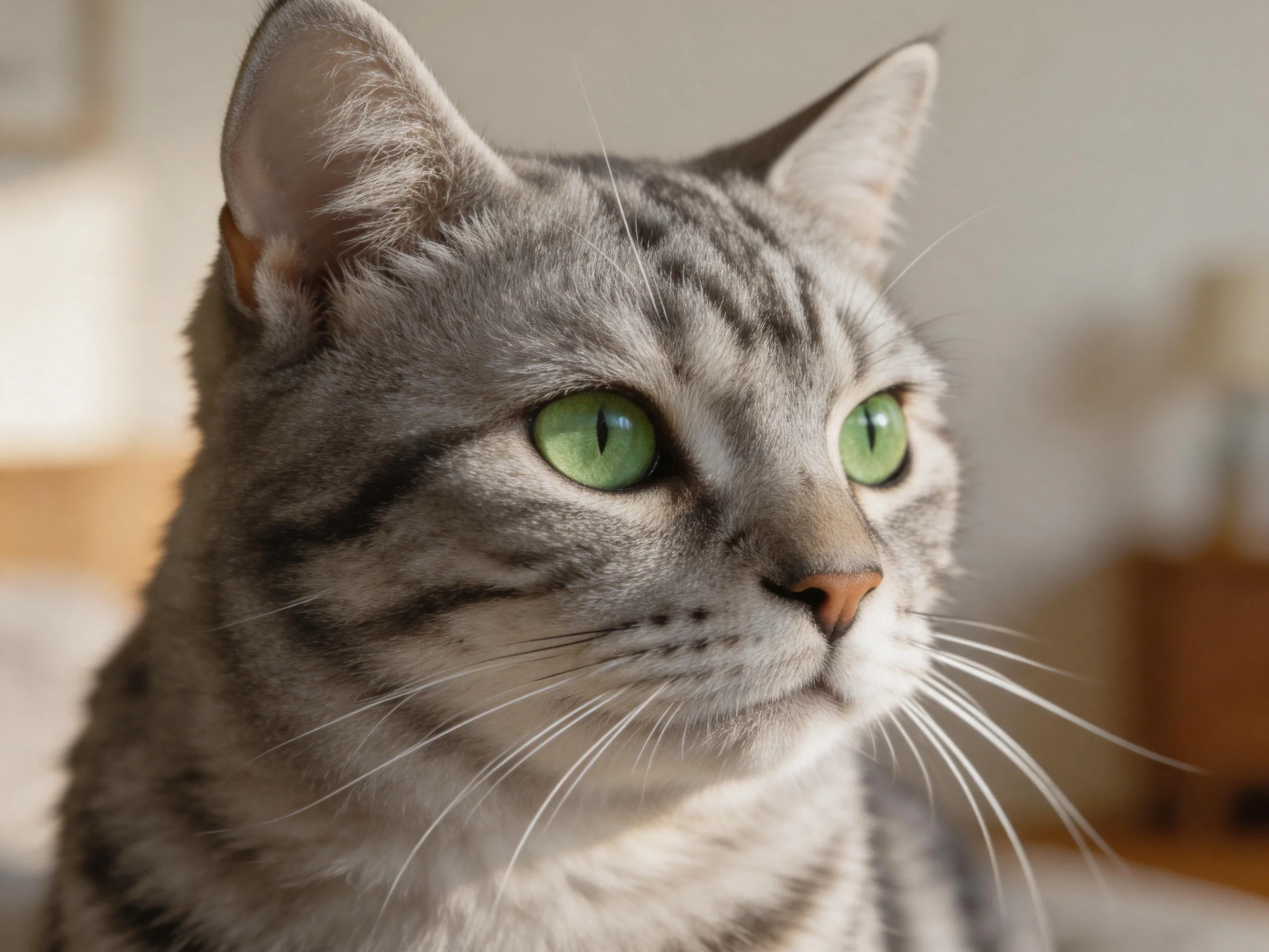 A gray tabby cat with bright green eyes in a softly lit interior