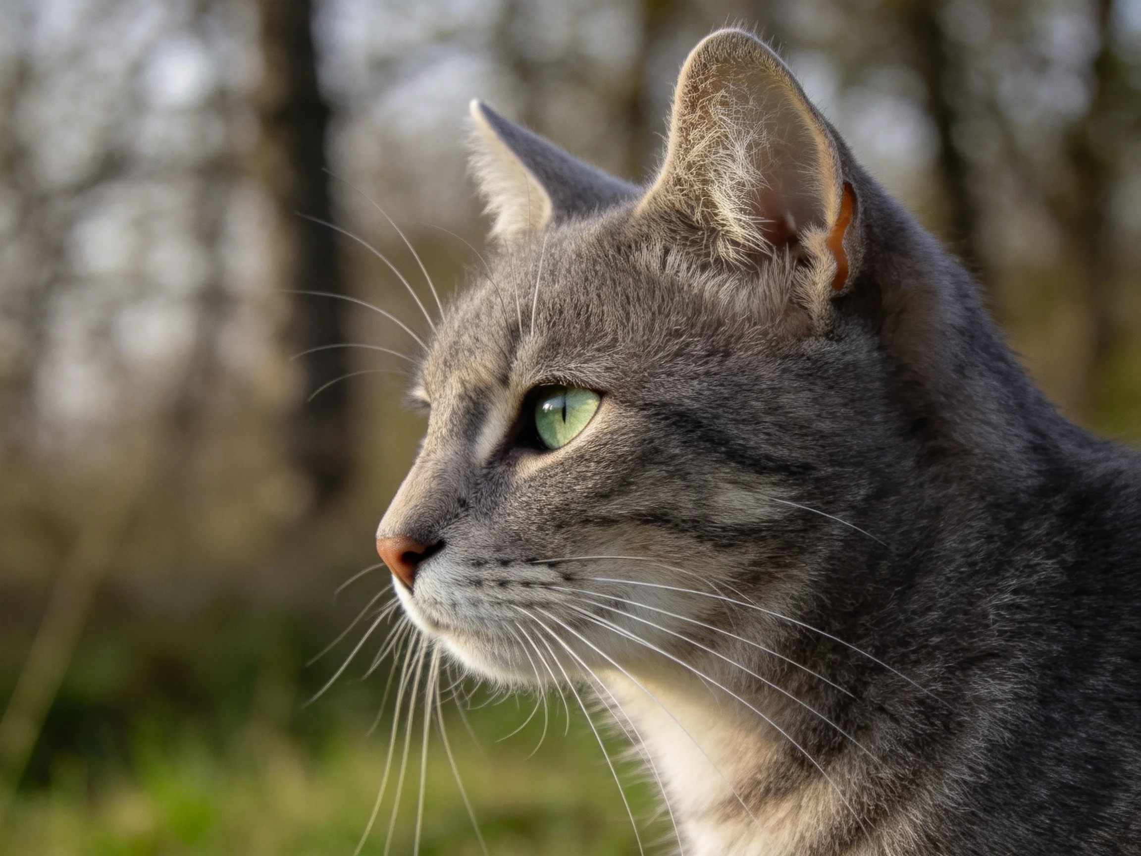 A gray tabby cat gazes attentively outdoors near trees