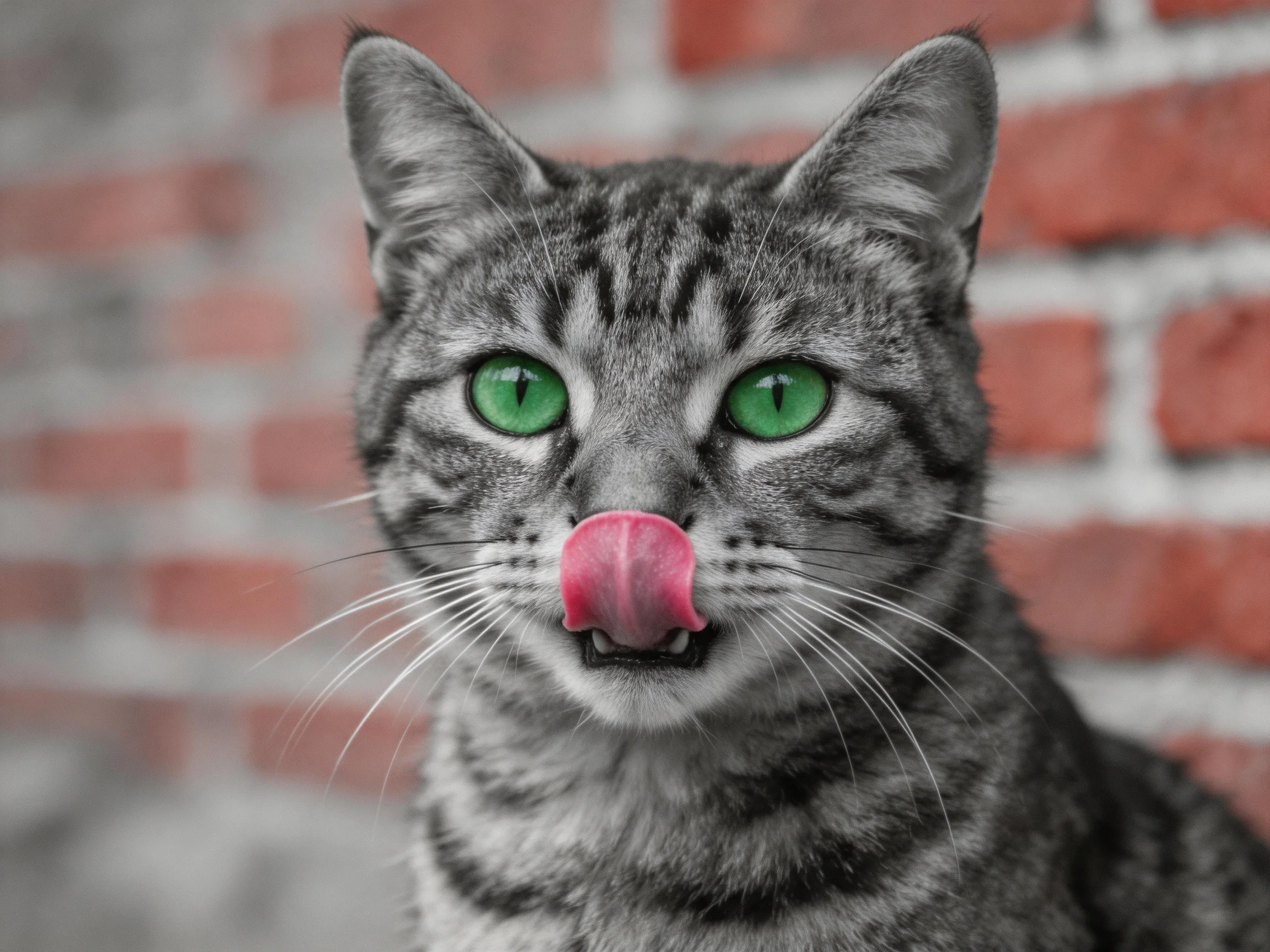 A gray tabby cat with bright green eyes licks near a red brick wall.