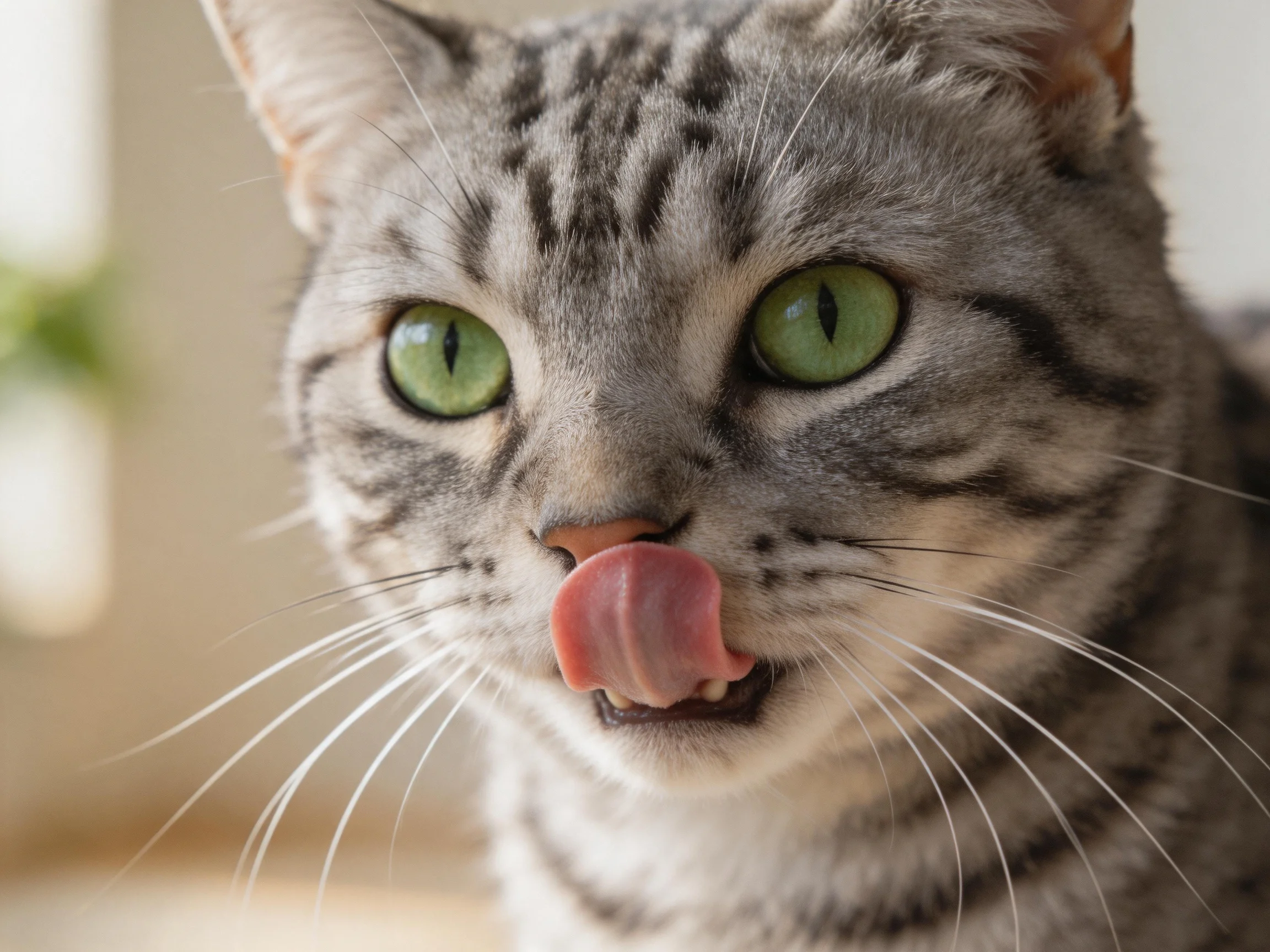 A gray tabby cat licks its mouth indoors.