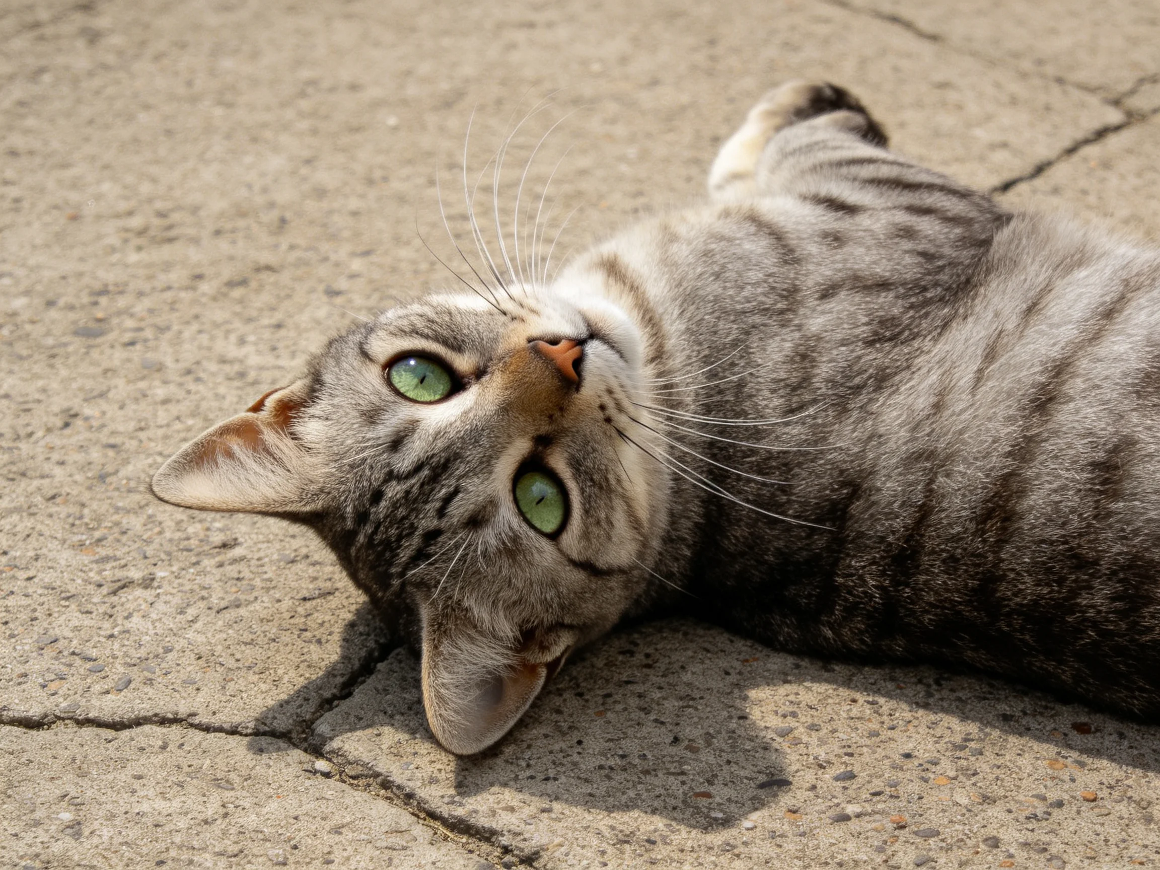 A gray tabby cat with bright green eyes lies on cracked pavement