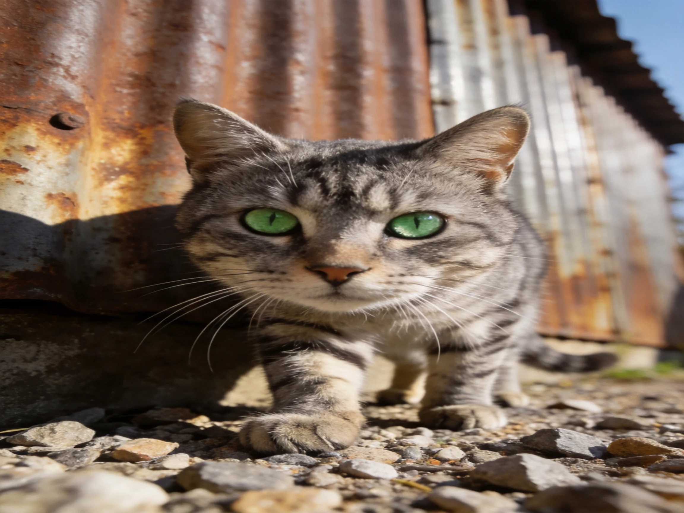 A gray tabby cat with green eyes stands near rusted metal outdoors.
