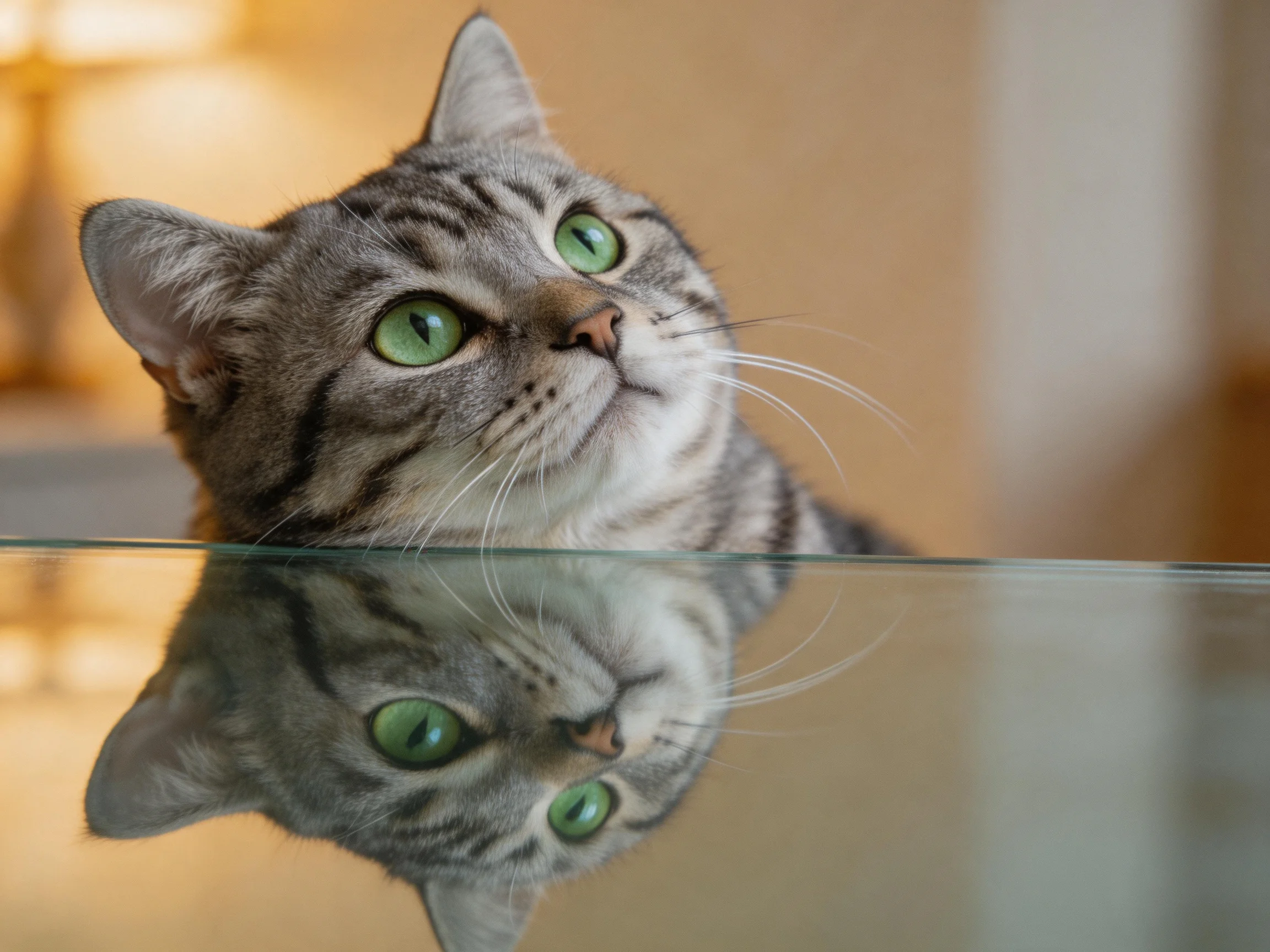A gray tabby cat with green eyes is near a reflective glass surface.