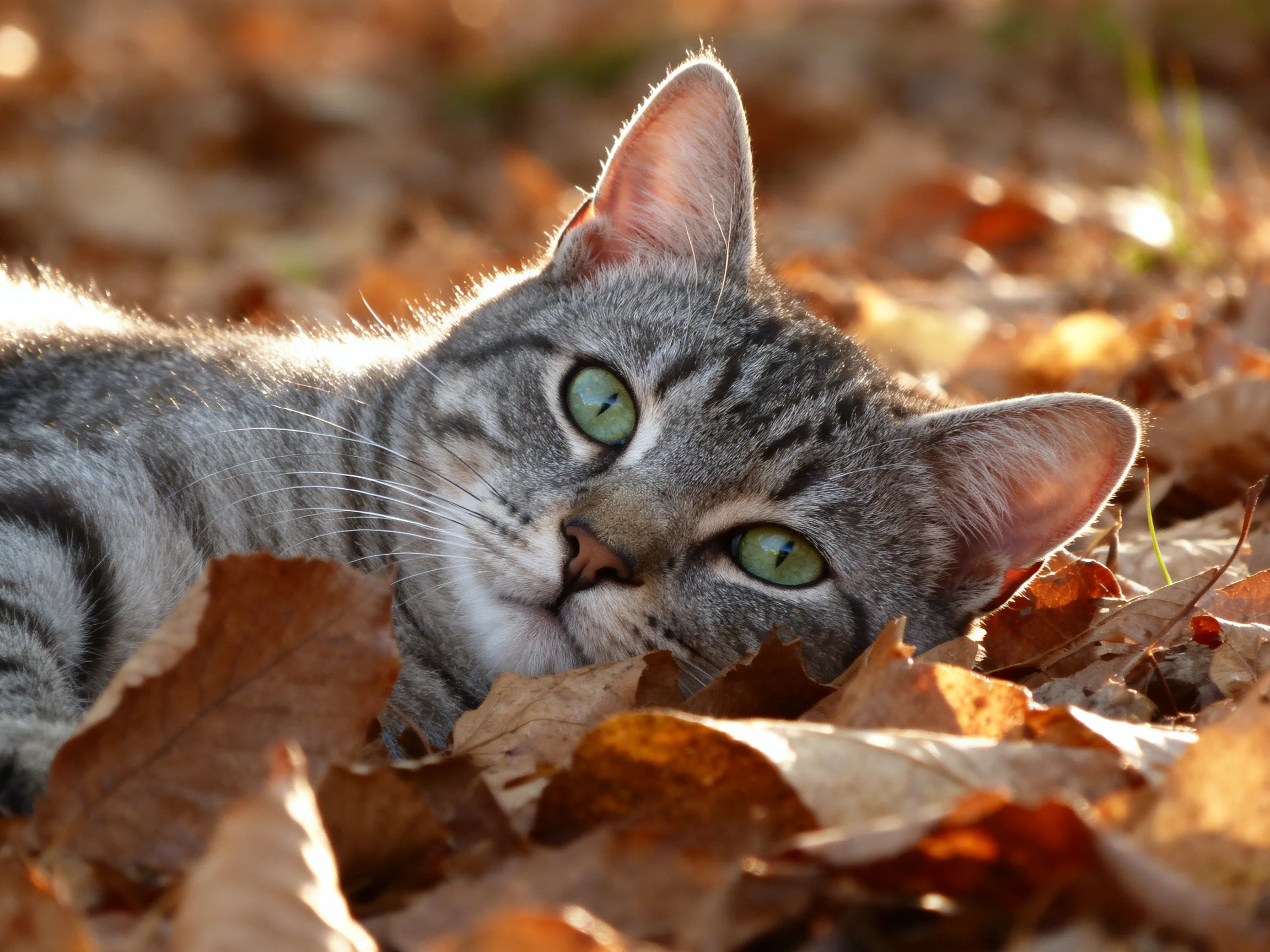 A gray tabby cat relaxes among autumn leaves in a sunlit area.