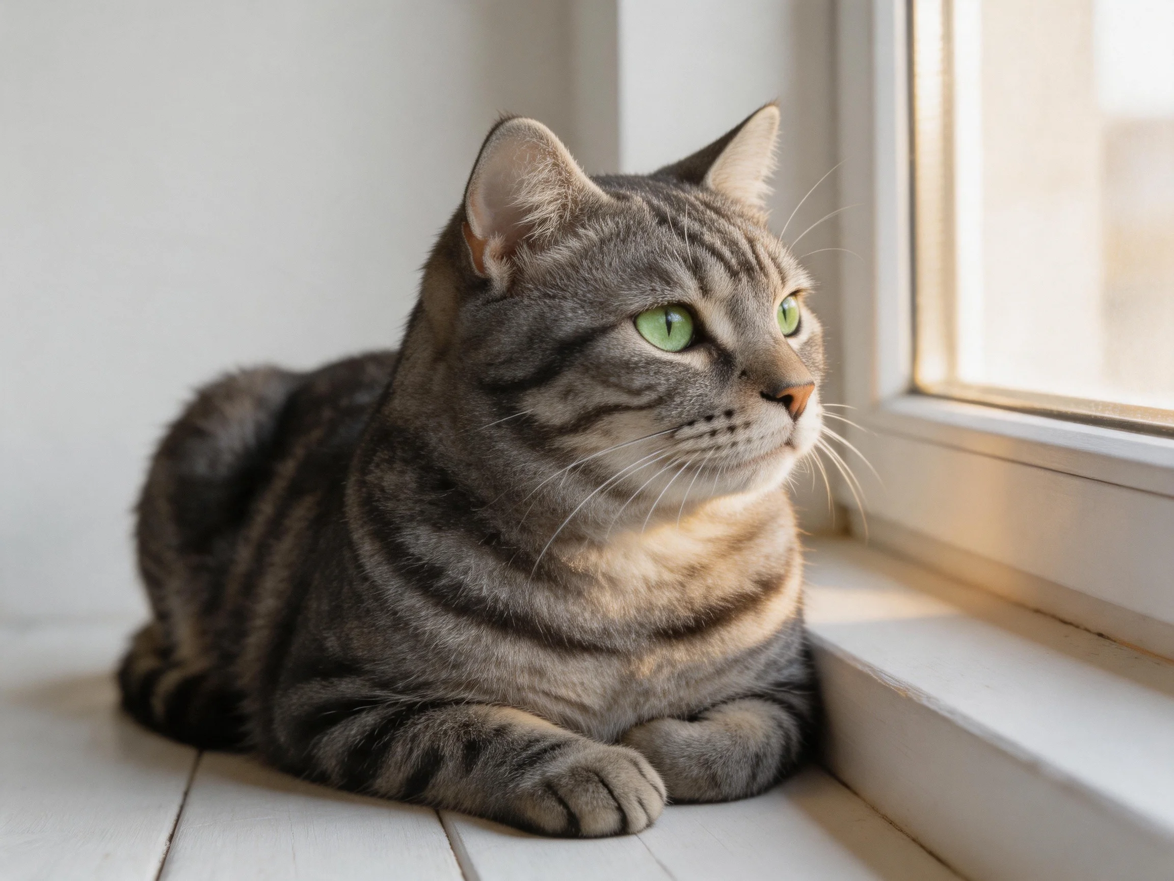 A gray tabby cat with green eyes sits near a sunlit window, gazing outside.