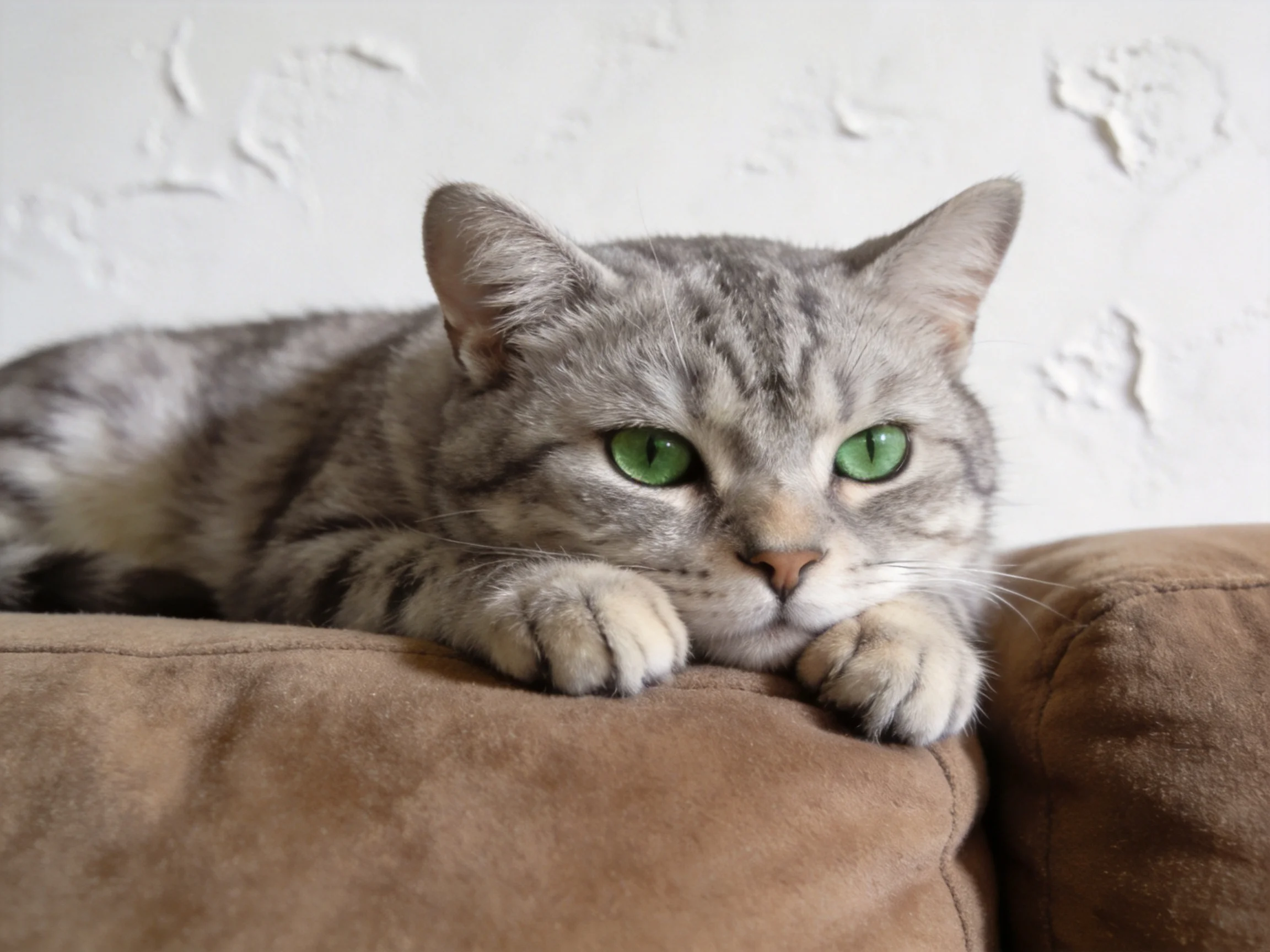 A gray tabby cat with green eyes relaxes on a brown couch near a white wall.