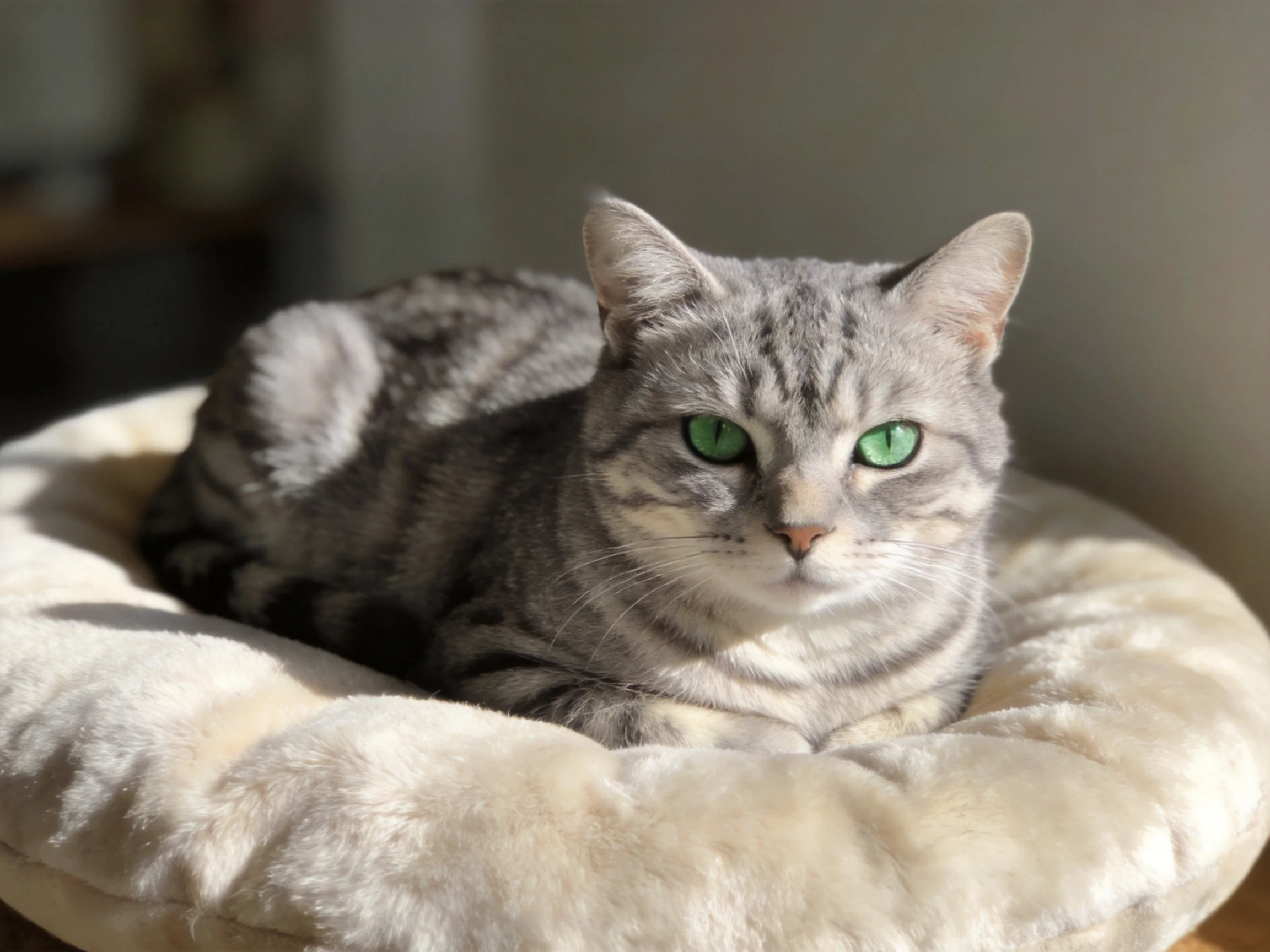 A gray tabby cat with green eyes relaxes on a soft bed