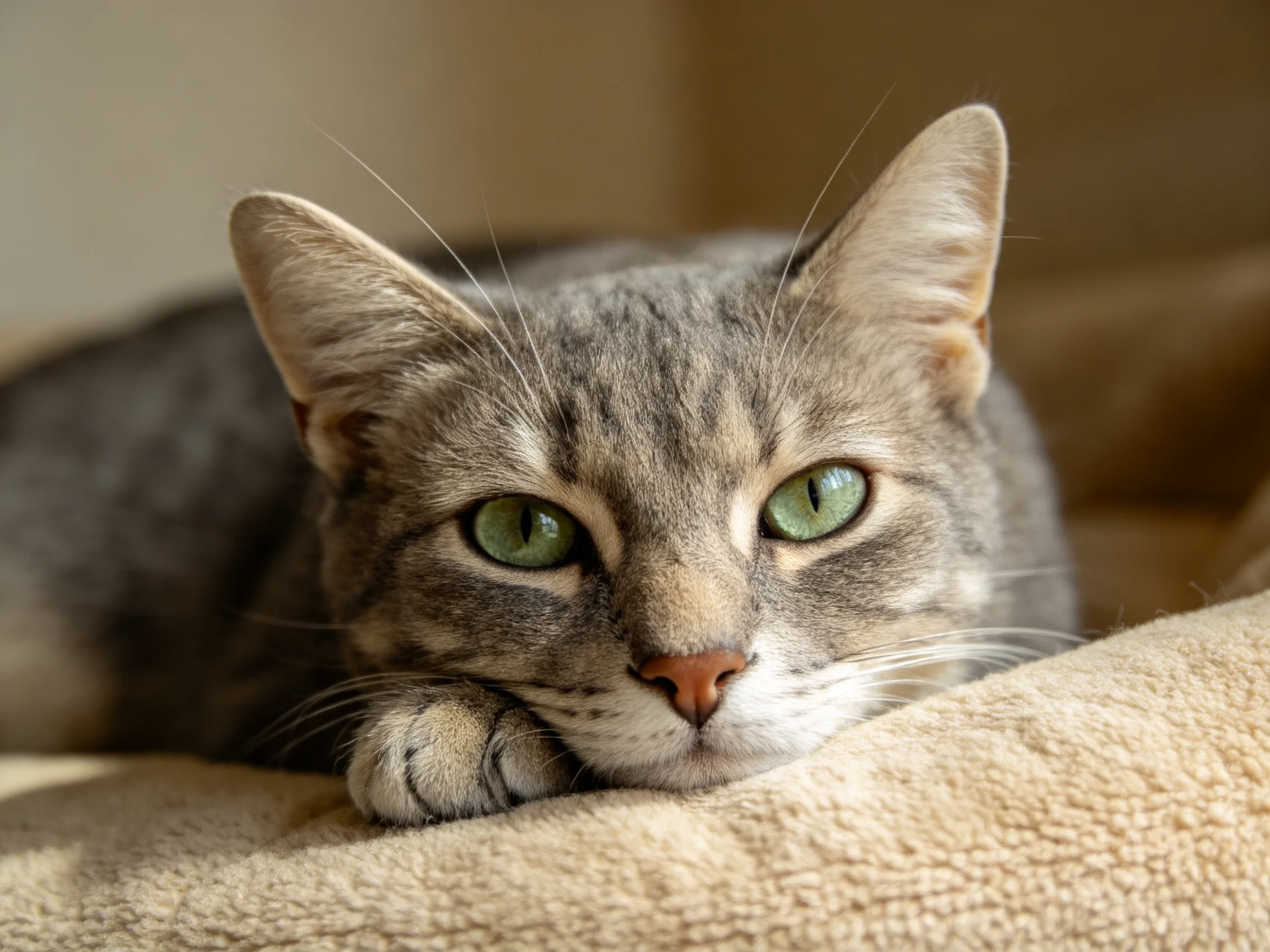 A gray tabby cat with green eyes lies on a soft beige cushion.