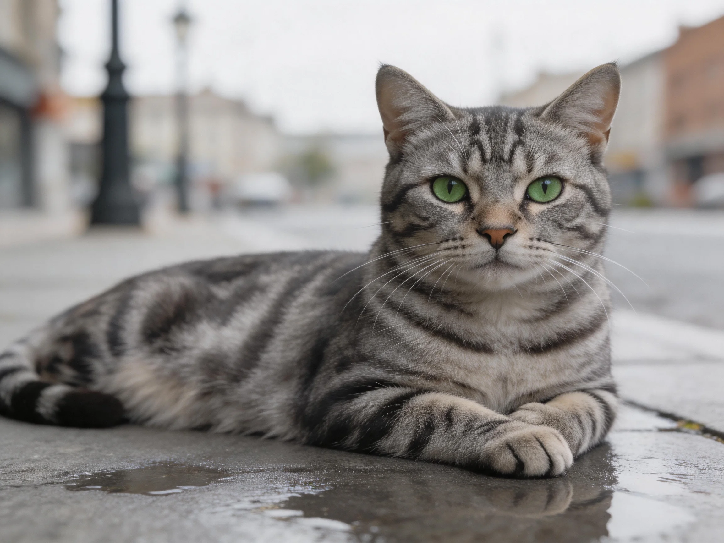 A gray tabby cat with green eyes lies calmly on a wet city pavement.
