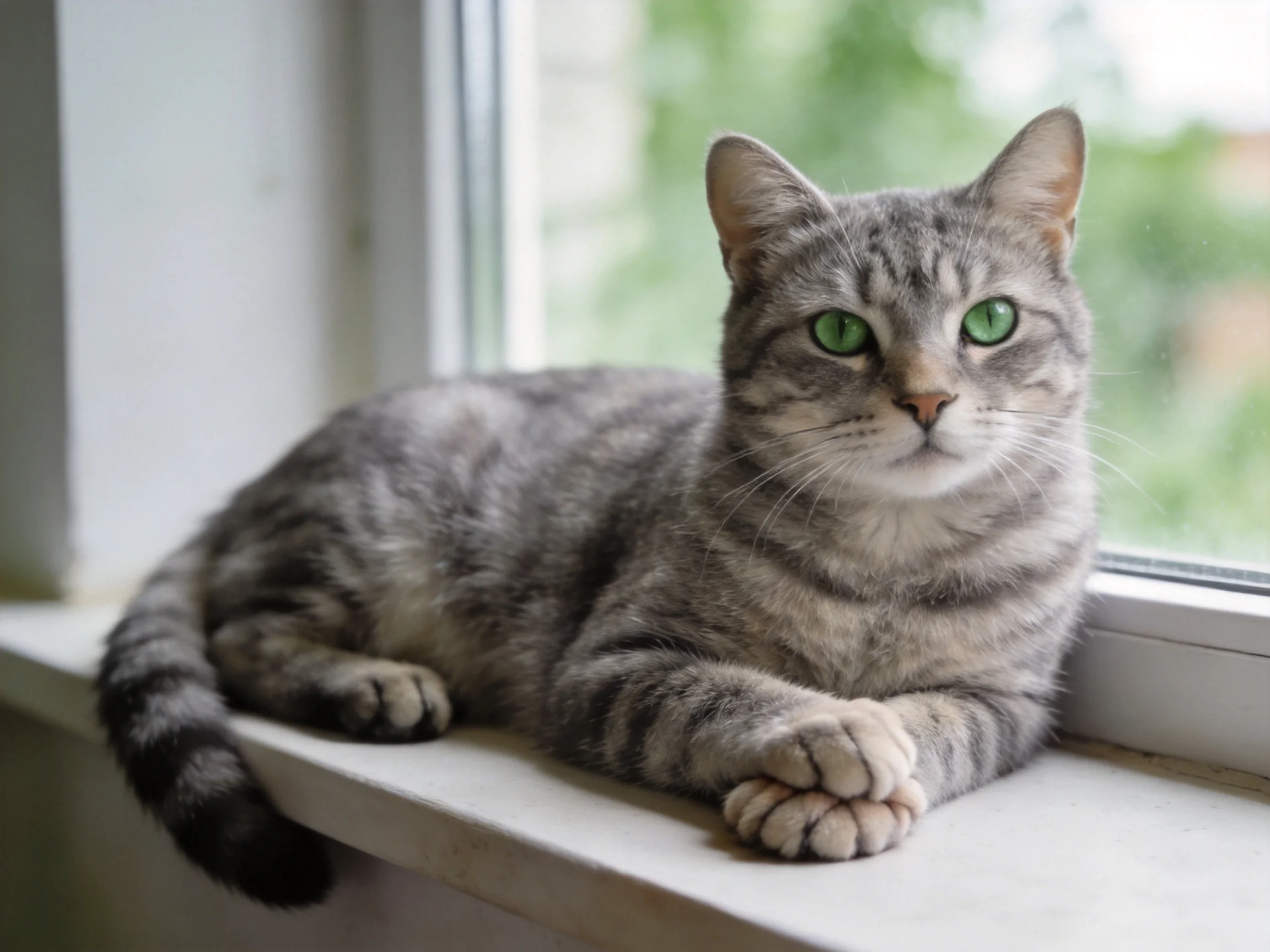 A gray tabby cat with green eyes rests on a windowsill near a window.