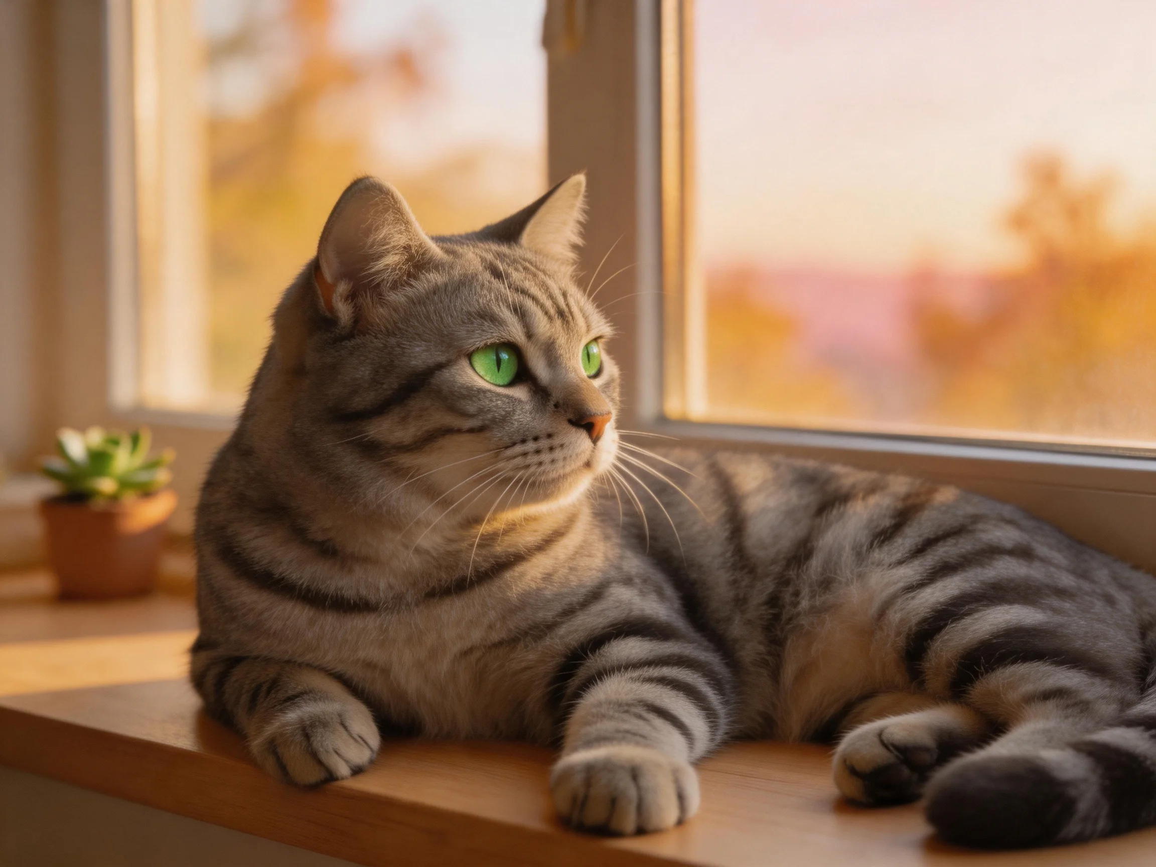 A gray tabby cat with green eyes relaxes near a sunlit window.